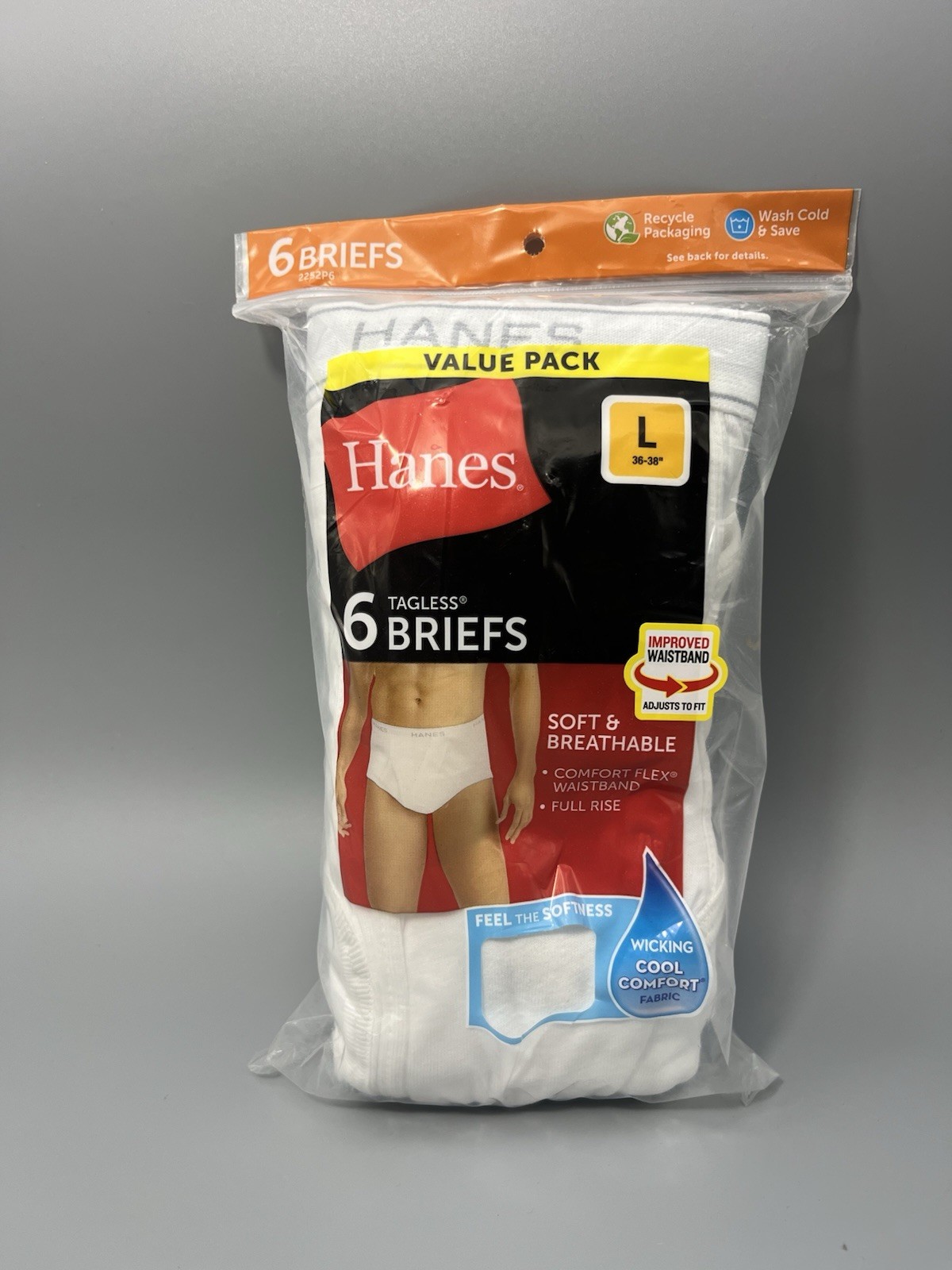Mens Hanes Briefs Underwear Sz L 36-38” Tighty Whities 6Pk Tagless Full Rise