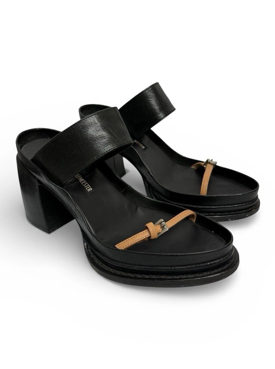 ANN DEMEULEMEESTER Chunky Leather Black Sandals Brown Buckles Size EU 37