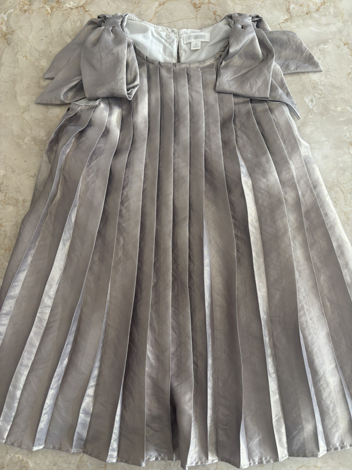 Gymboree Girls Metallic Shimmer Gold Knife Pleated Dress Sz 4 Shoulder Bows EUC