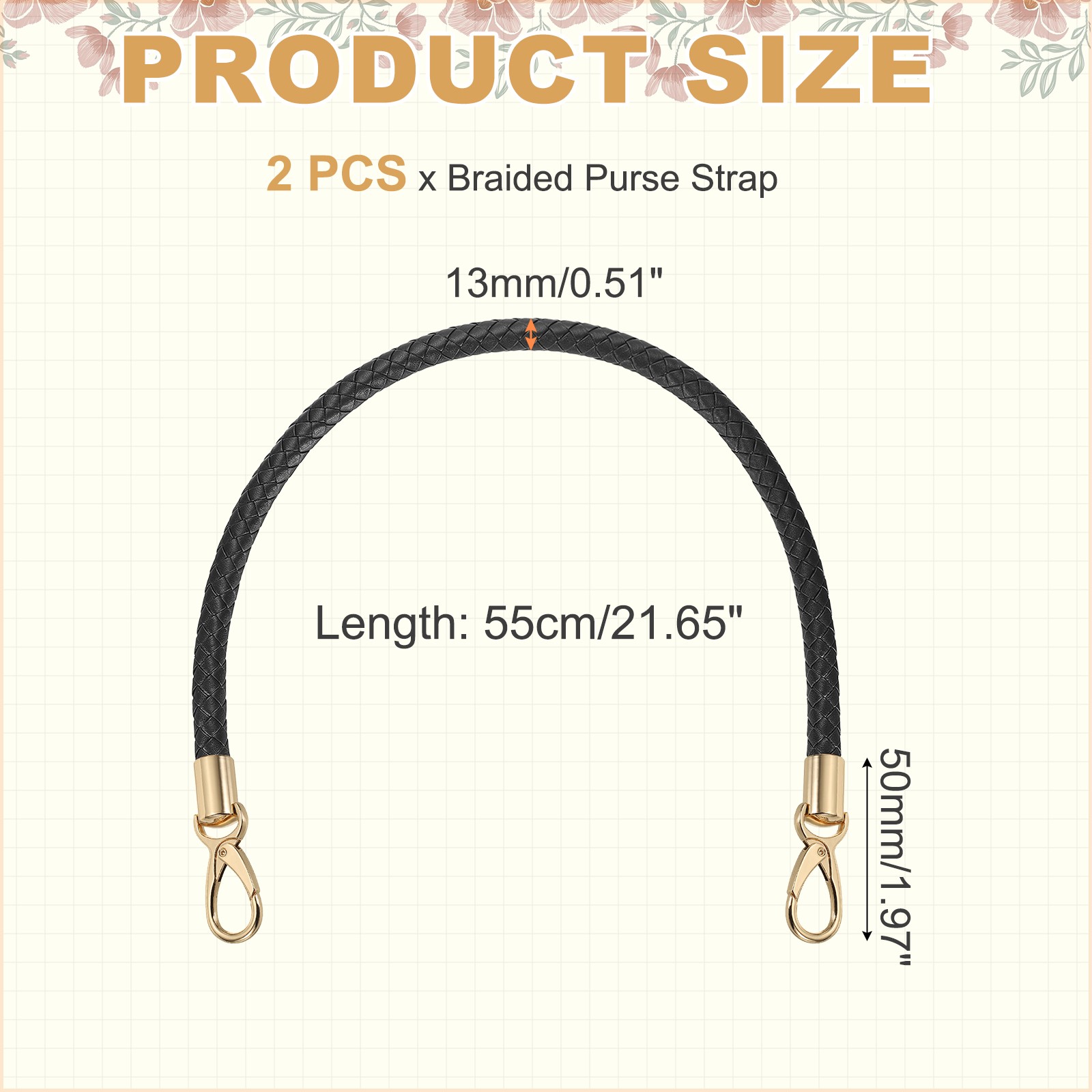 2 Pcs Braided Purse Strap, 21.6 Inch for Handbag Tote Making (Black)