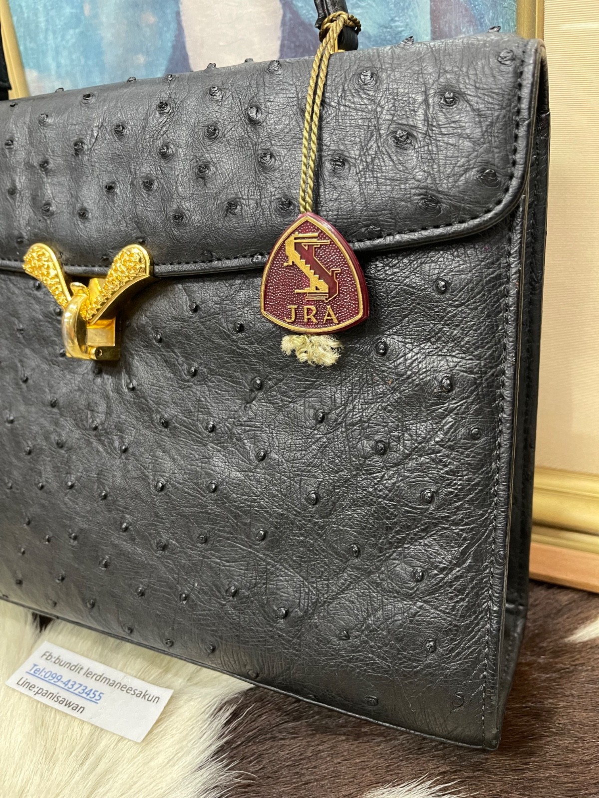 JRA Japan Ostrich Leather Handbag Genuine Exotic Leather Brown Vintage
