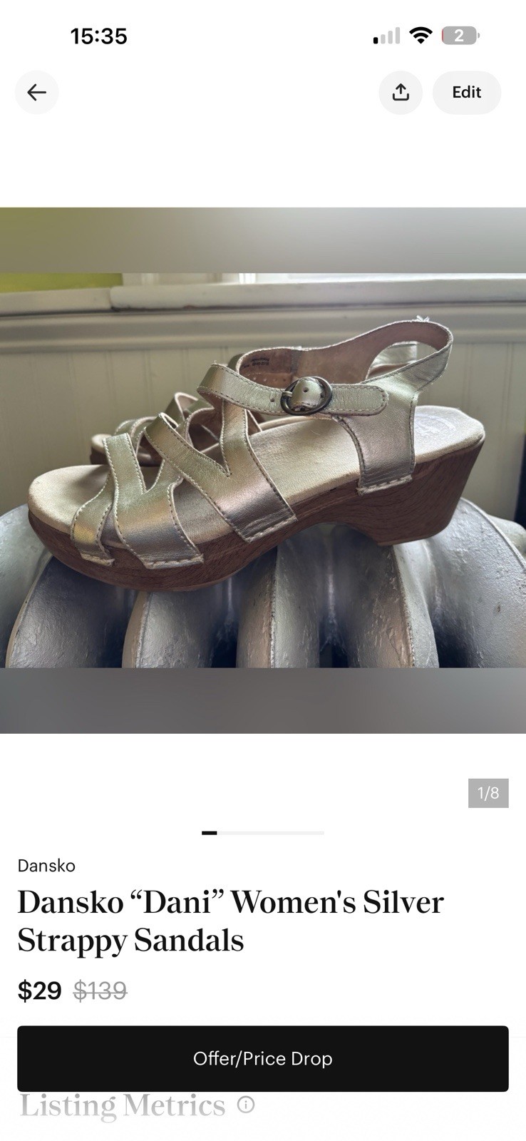 Dansko “Dani” Women’s Silver Leather Strappy Wedge Sandals Buckle Strap 7.5 Std