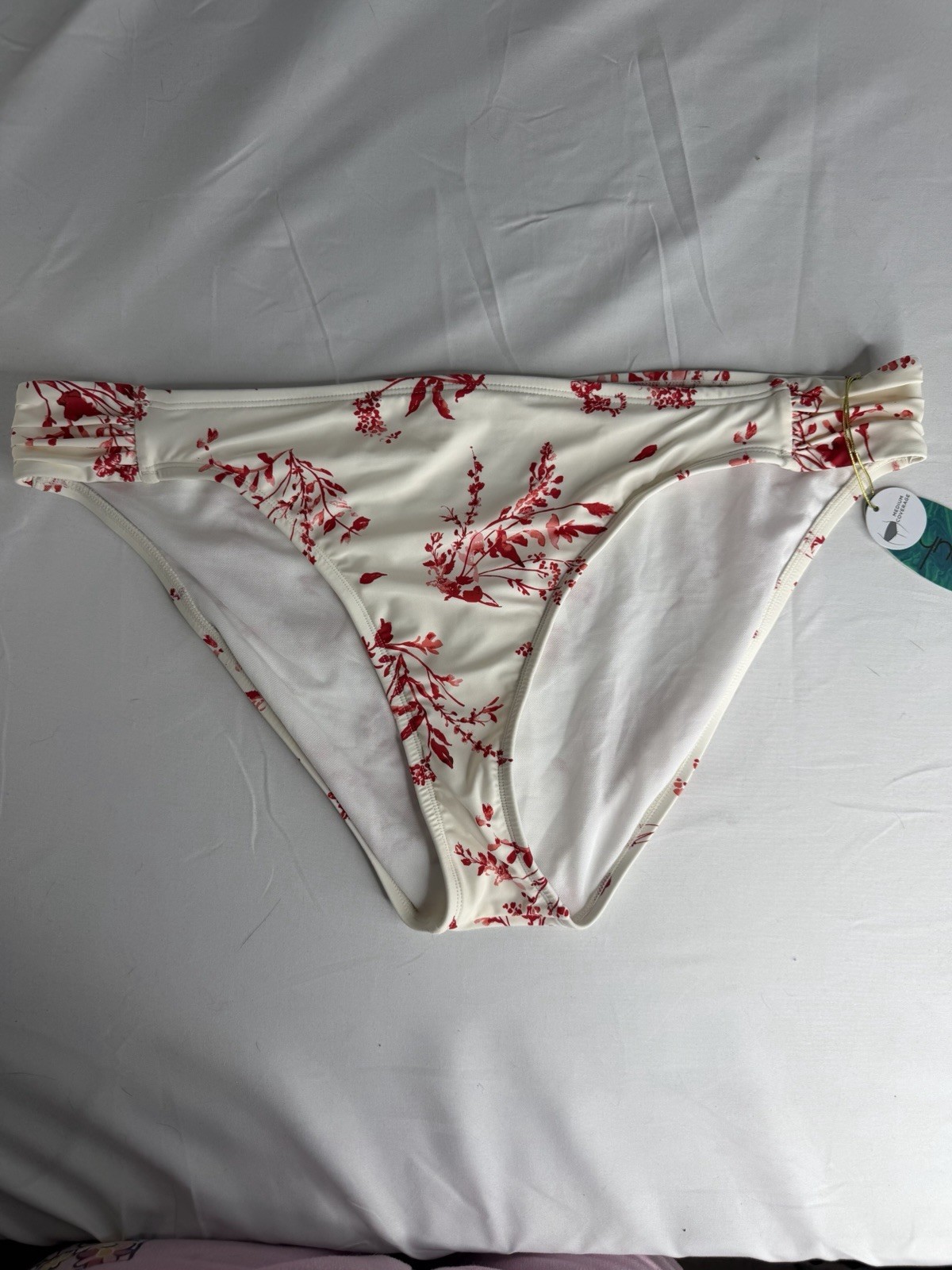 Mynah Cream Red Floral Bikini Swim Bottoms Hipster XL Moderate Coverage NWT