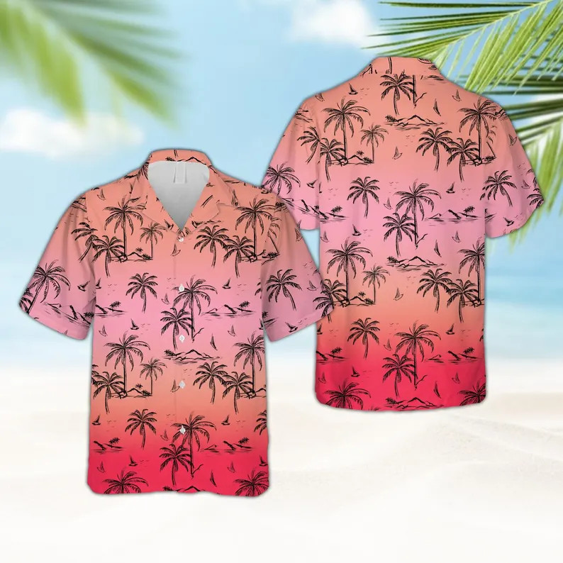 Palm Tree Hawaiian Shirt Gradient Sunset Beach Button Up #3