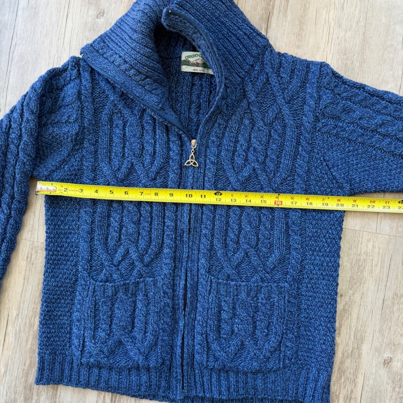 Aran Crafts Blue 100% Merino Wool Cable Knit Cardigan Sweater XL Trinity Knot