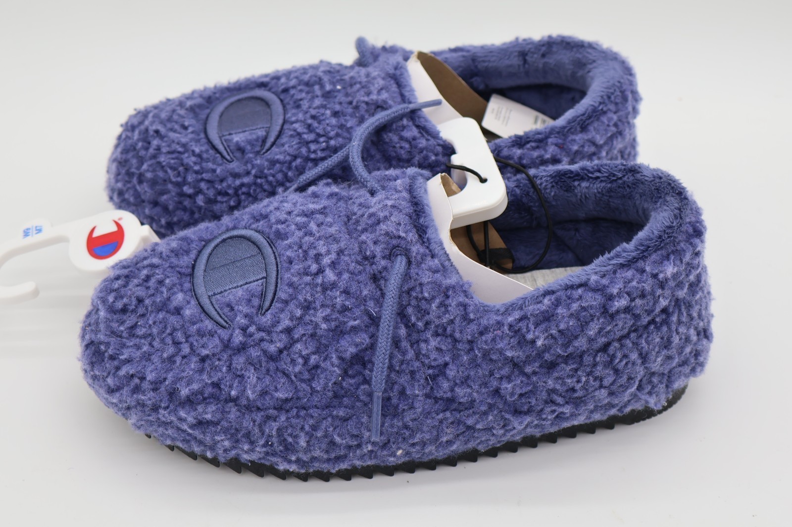 Champion Black, Blue & Grey Logo Slip-On Slippers Faux Fur Lined Non-Slip W9/M7