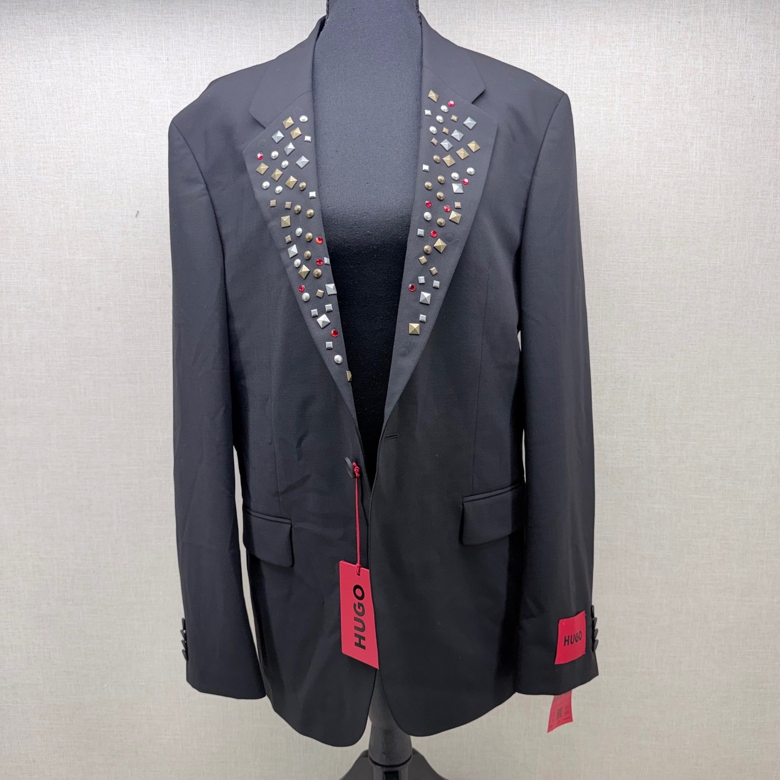 Hugo Boss Hannes241F1X Studded Lapel Slim Fit Blazer Black Mens 38R NWT