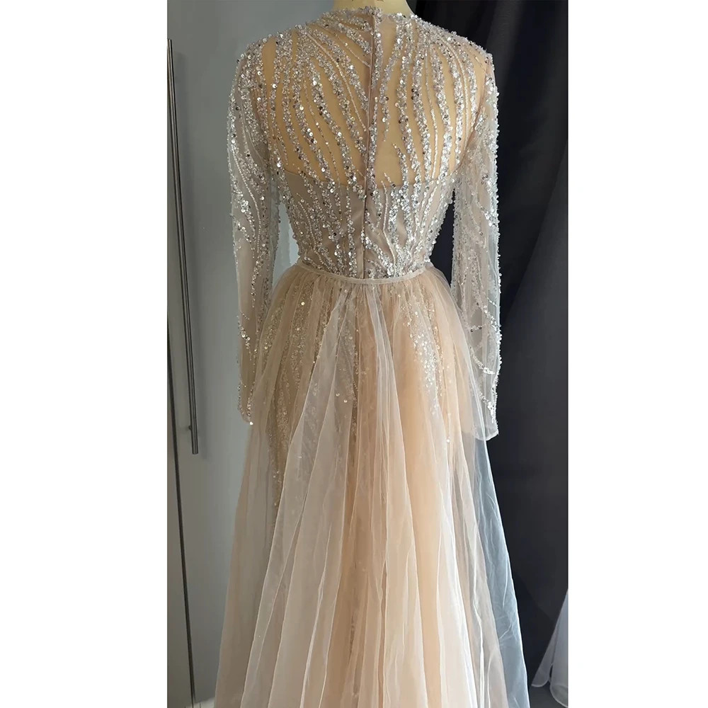 Luxury Beaded Mermaid Evening Gown with Long Sleeves Formal Wedding Party Dress