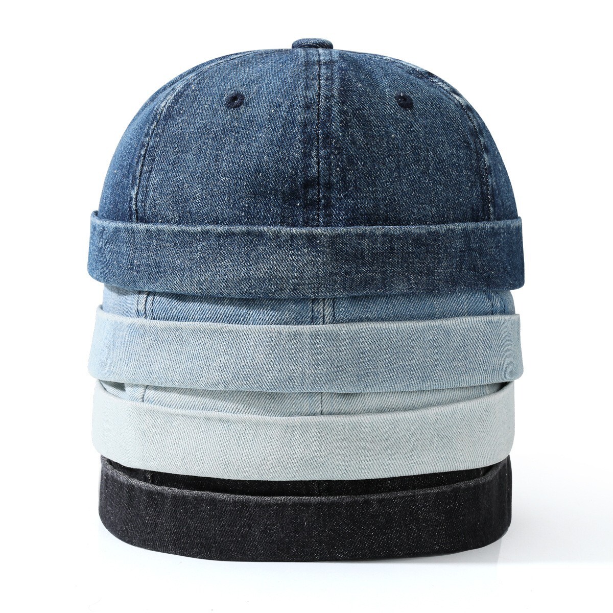 Men Denim Retro Brimless Hat Skull cap Sailor Cap Beanie Rolled Cuff Adjustable