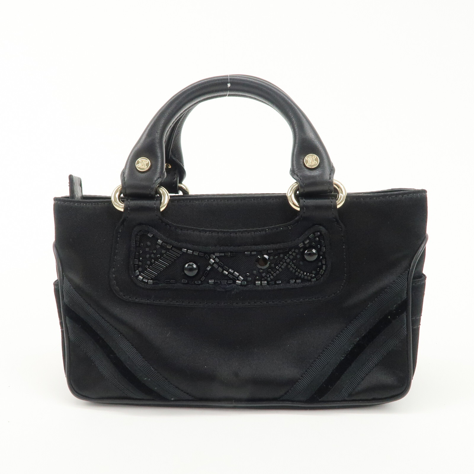 CELINE Macadam Mini Boogie Bag Beads Macadam Stamp Satin Leather Auth Used