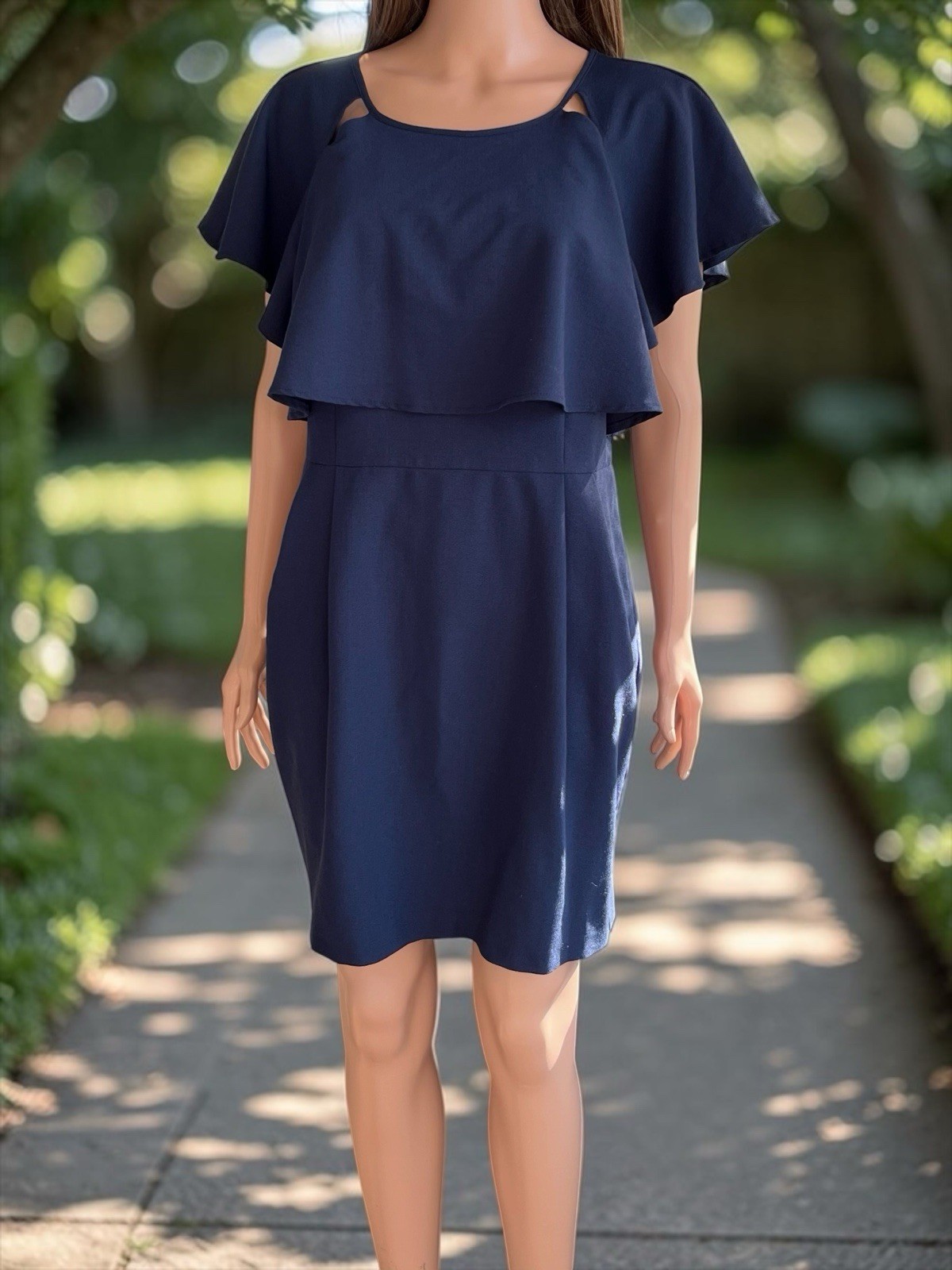 ASOS Navy Blue Cape Overlay Sheath Dress Size 12 Flutter Sleeve Career Cocktail
