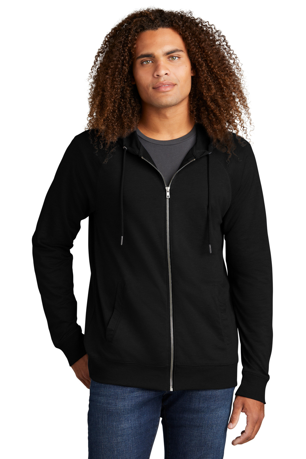 District DT573 Mens Long Sleeve Featherweight French Terry Full-Zip Hoodie