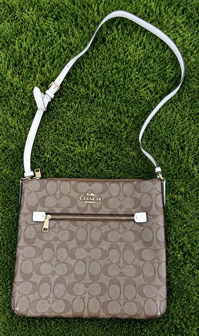 Coach Signature Logo Beige/Brown Crossbody Bag White Strap Zip Gold HW
