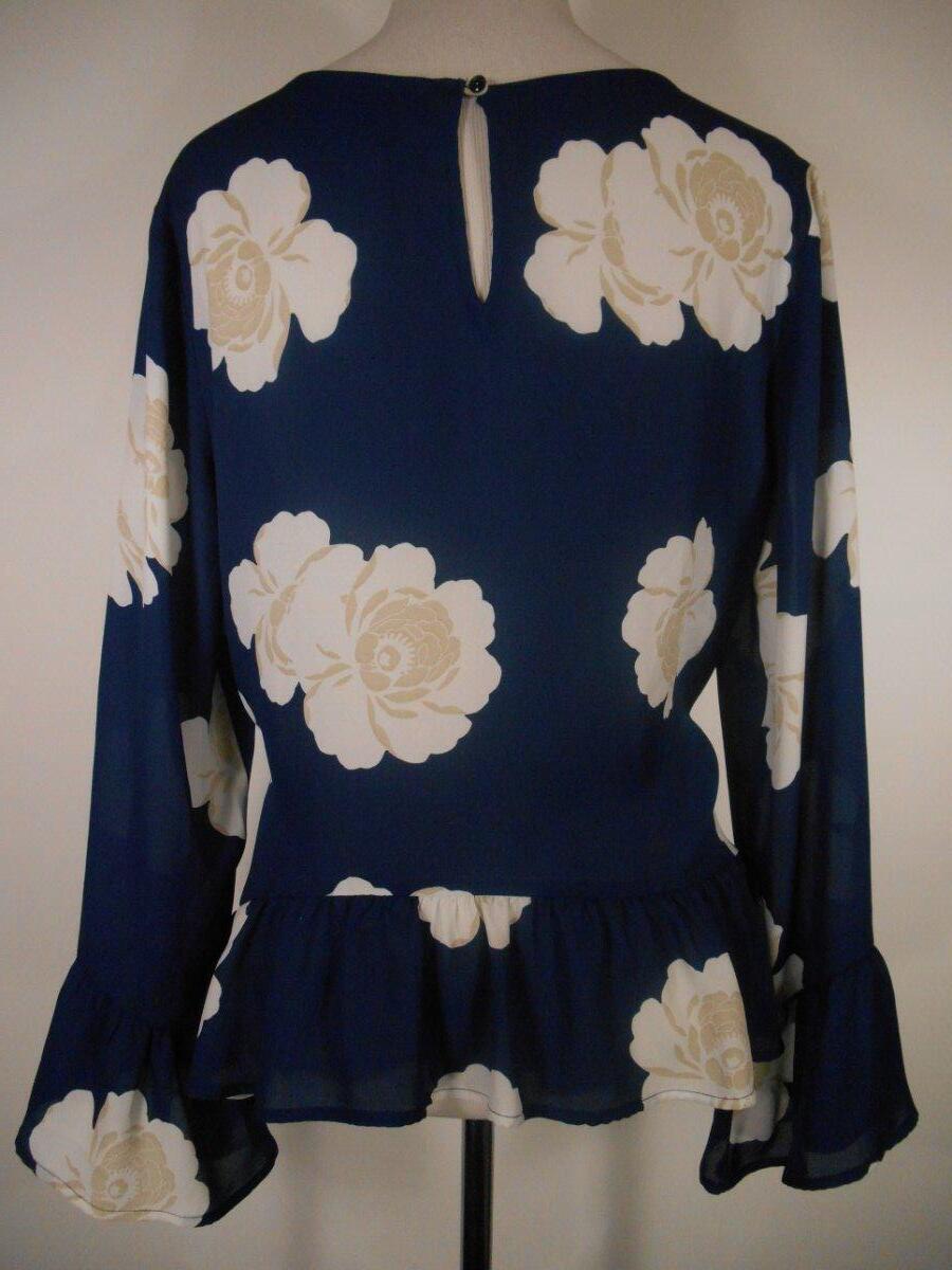 Beautiful Women’s Large A.N.A Blue Floral Design Long Sleeve Blouse – Ruffle Hem
