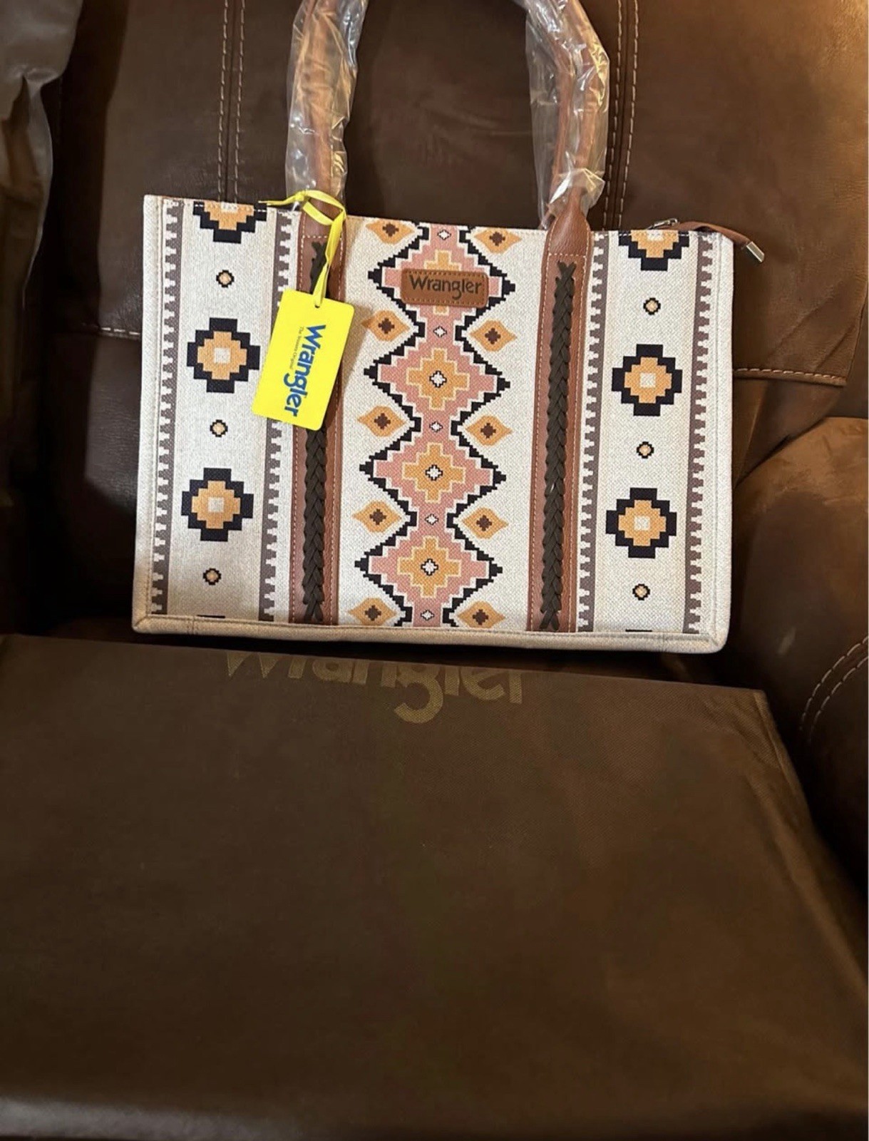 AUTHENTIC WRANGLER LARGE TOTE BAG LAPTOP SHOULDER CARRY BEIGE BROWN PRINT-NWT