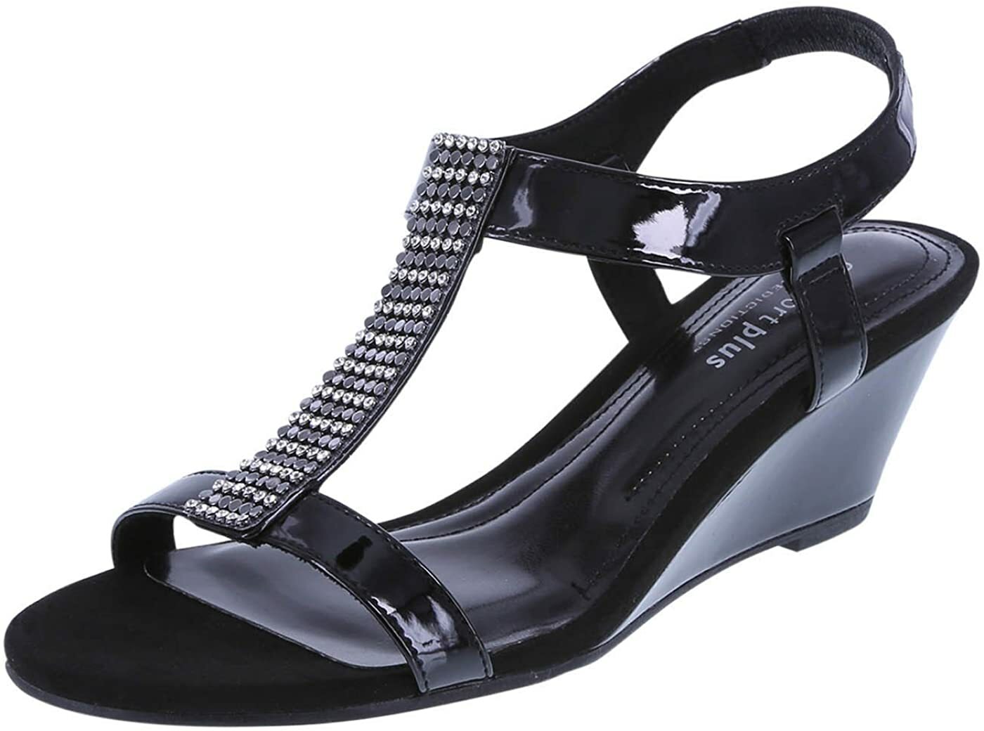 Comfort Plus by Predictions Women’s Swanky Black White Embellished Wedge Sandal