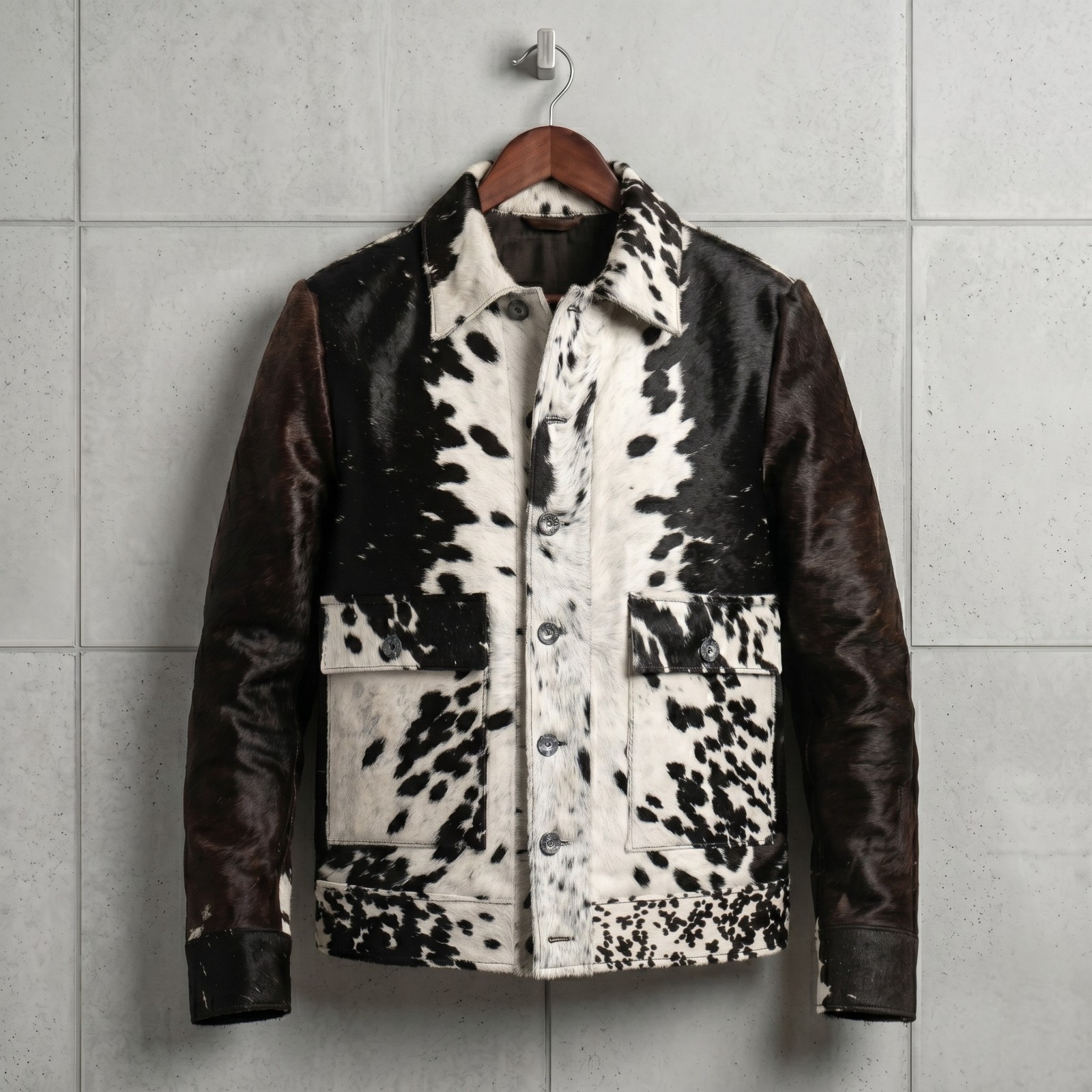 Men’s Black White Cowhide Leather Jacket Hair On Hide Western Bomber Pony Coat