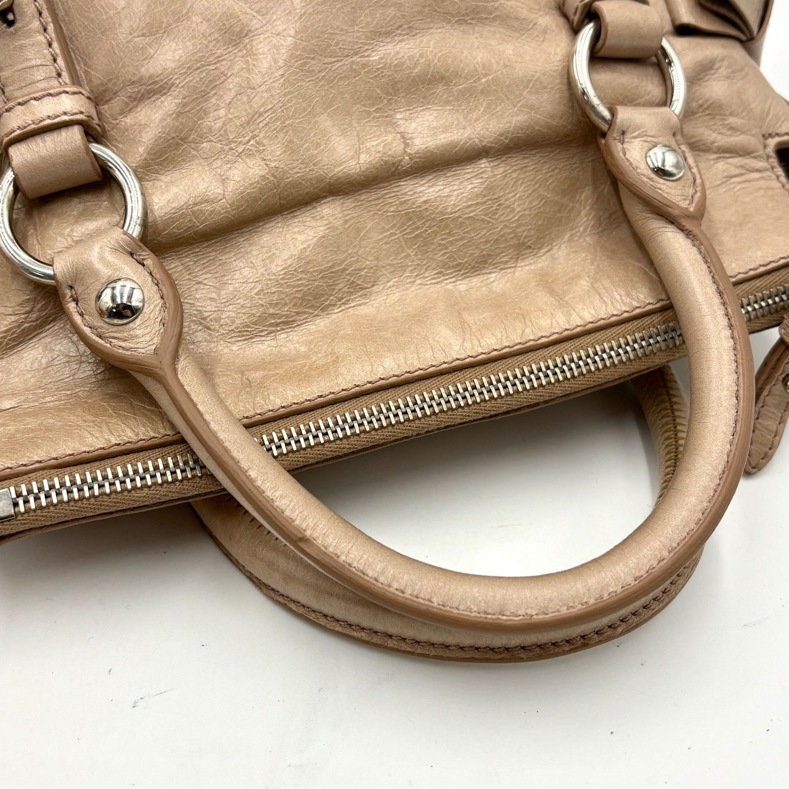 Miu Miu Vitello Shine 2Way Shoulder Bag Pink Beige Side Ribbon Y2K Handbag Auth