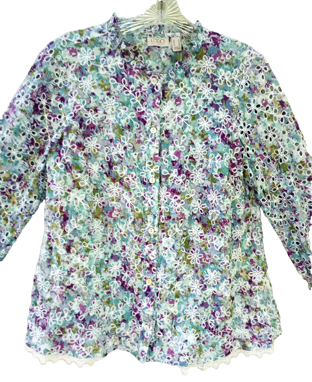 LOGO Size S Floral Lace Eyelet Cotton Gathered Long Sleeve Top Button-Up Women