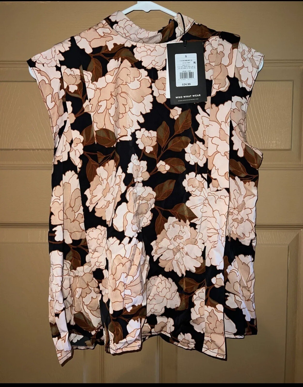 Floating Mums Floral Pink Peach Flowers Silky Cap Sleeve High Neck Blouse Top M
