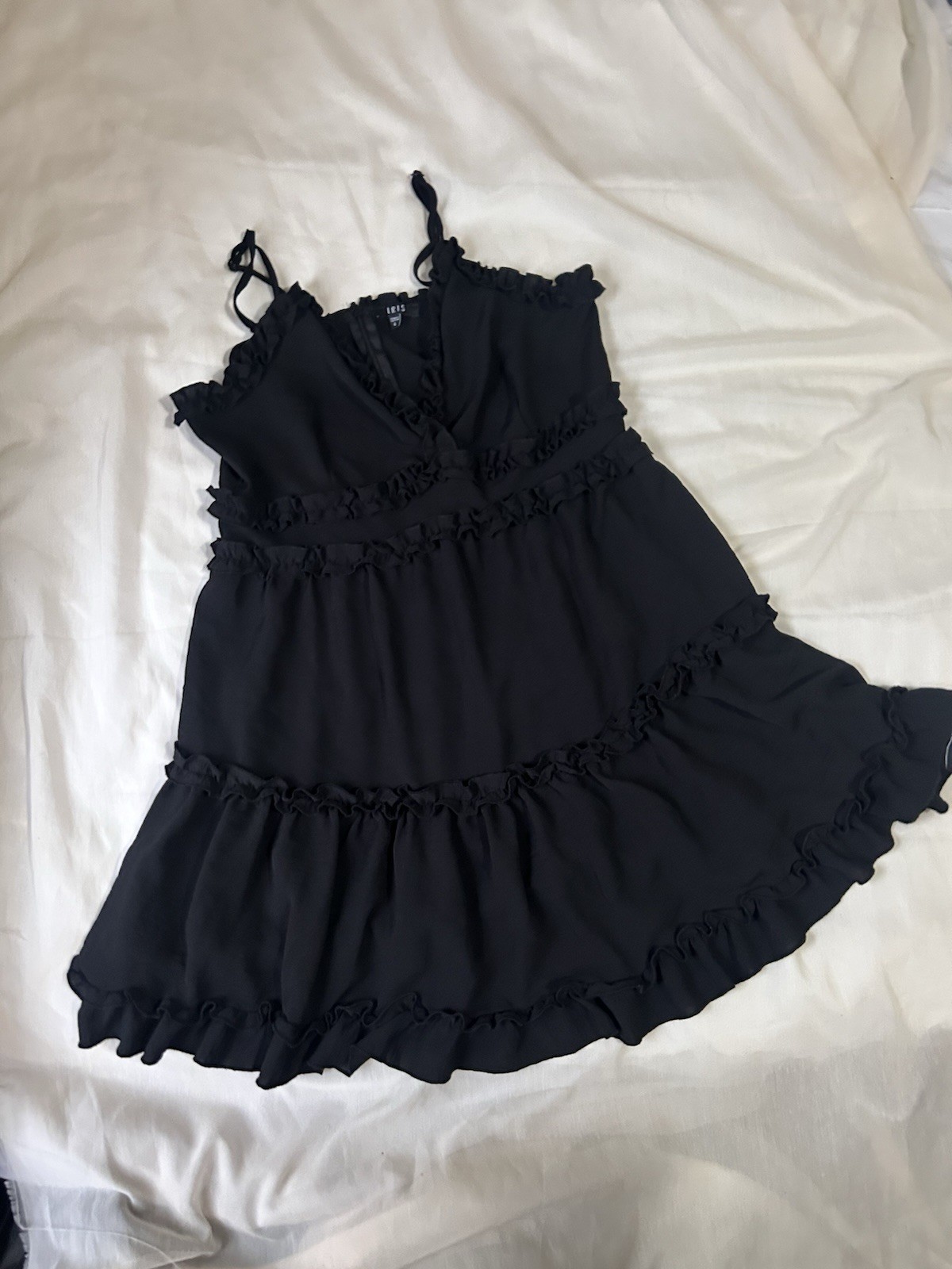 Iris Tiered Ruffle Black Spaghetti Strap Formal VTG Dress Size Large EUC Y2K