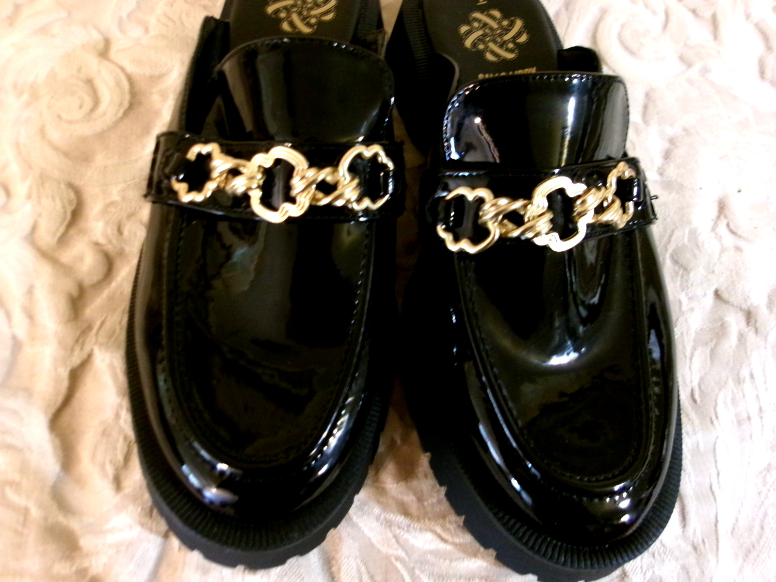Sam & Libby Reese Black Patent Leather Mules Chain Loafers Chucky Platform
