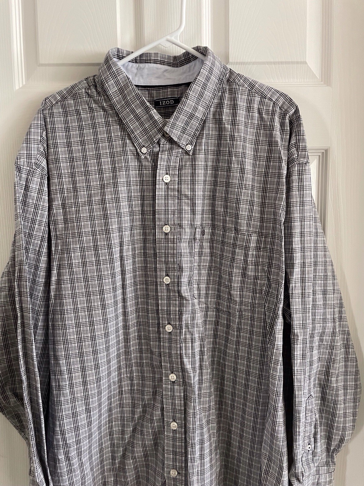IZOD Mens 3XB Long Sleeve Gray Black Plaid Button Down Shirt