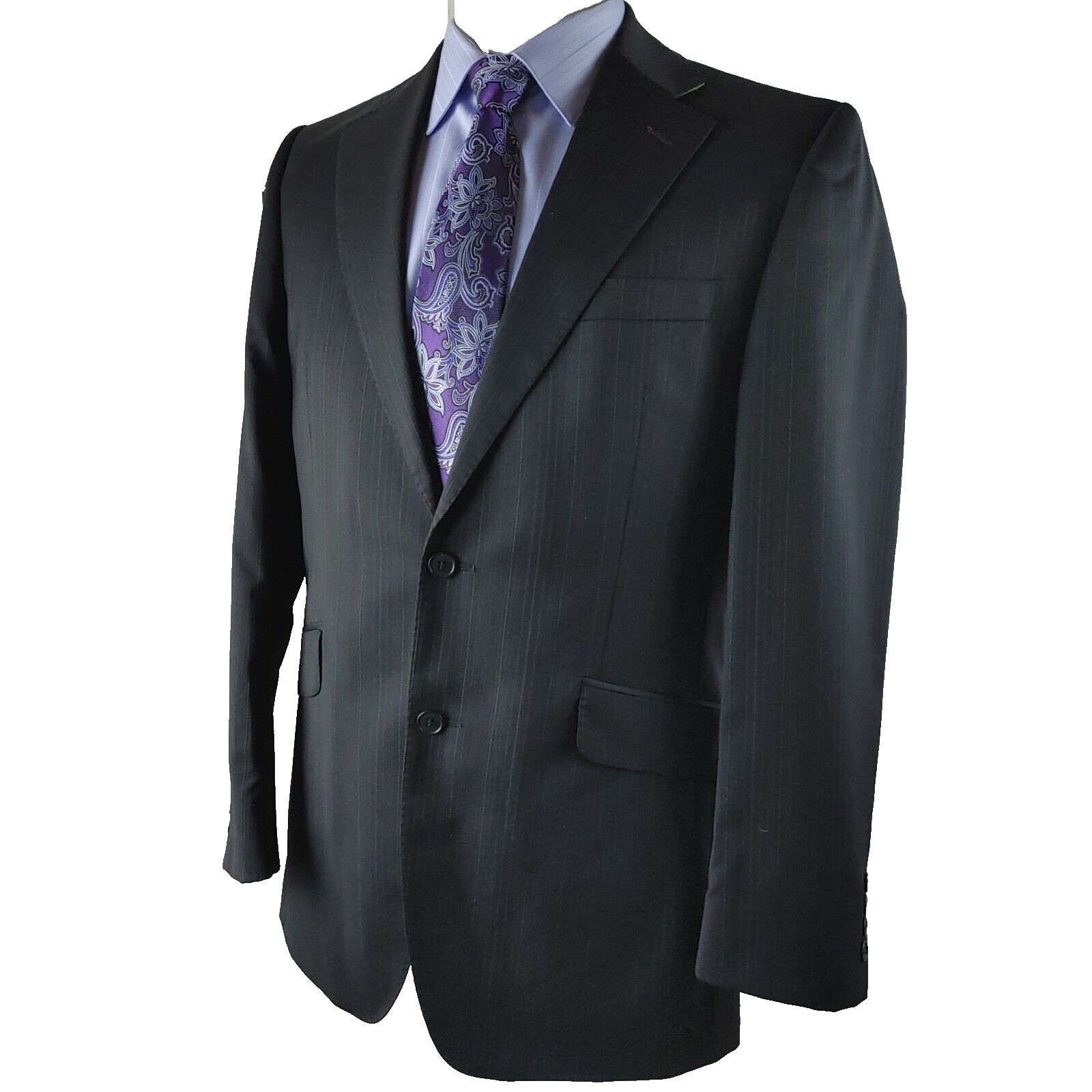 Limehaus 40R Wool 2 Button Charcoal Black Pinstripe Stitched Lapel Suit Blazer