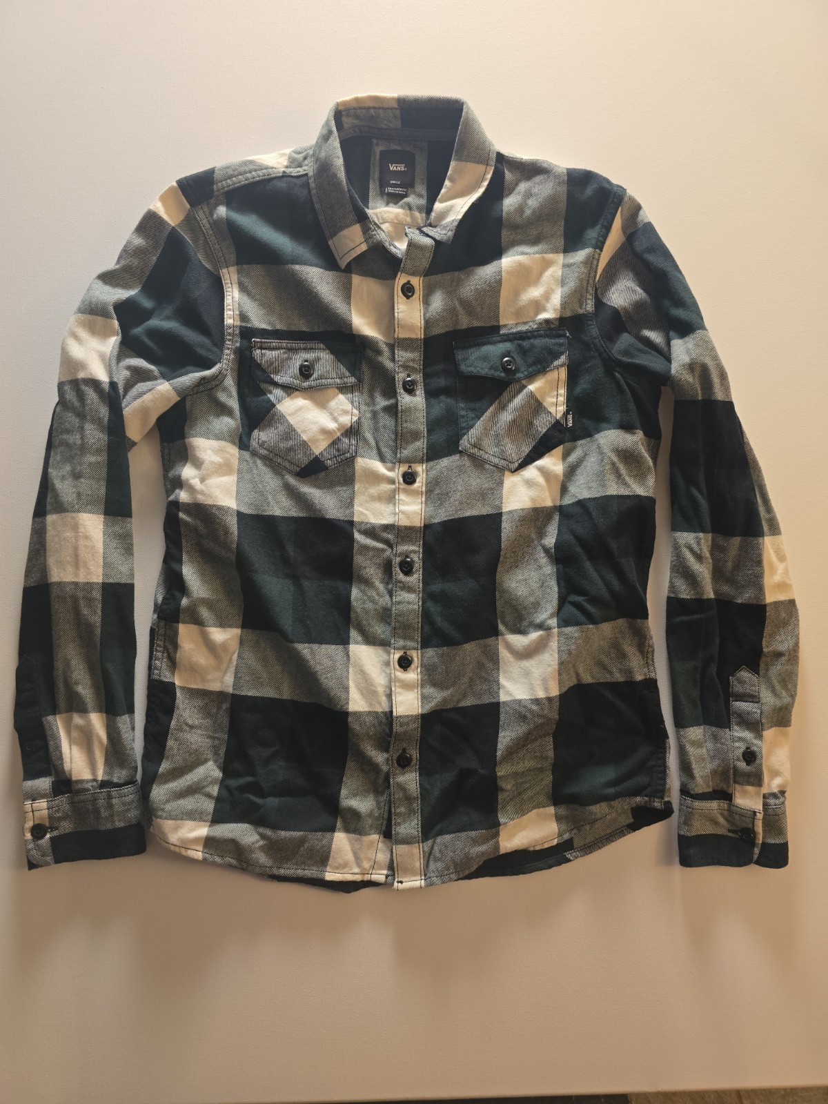 Vans Men’s Small Button Shirt Flannel Tailored Fit Plaid Skater Green White