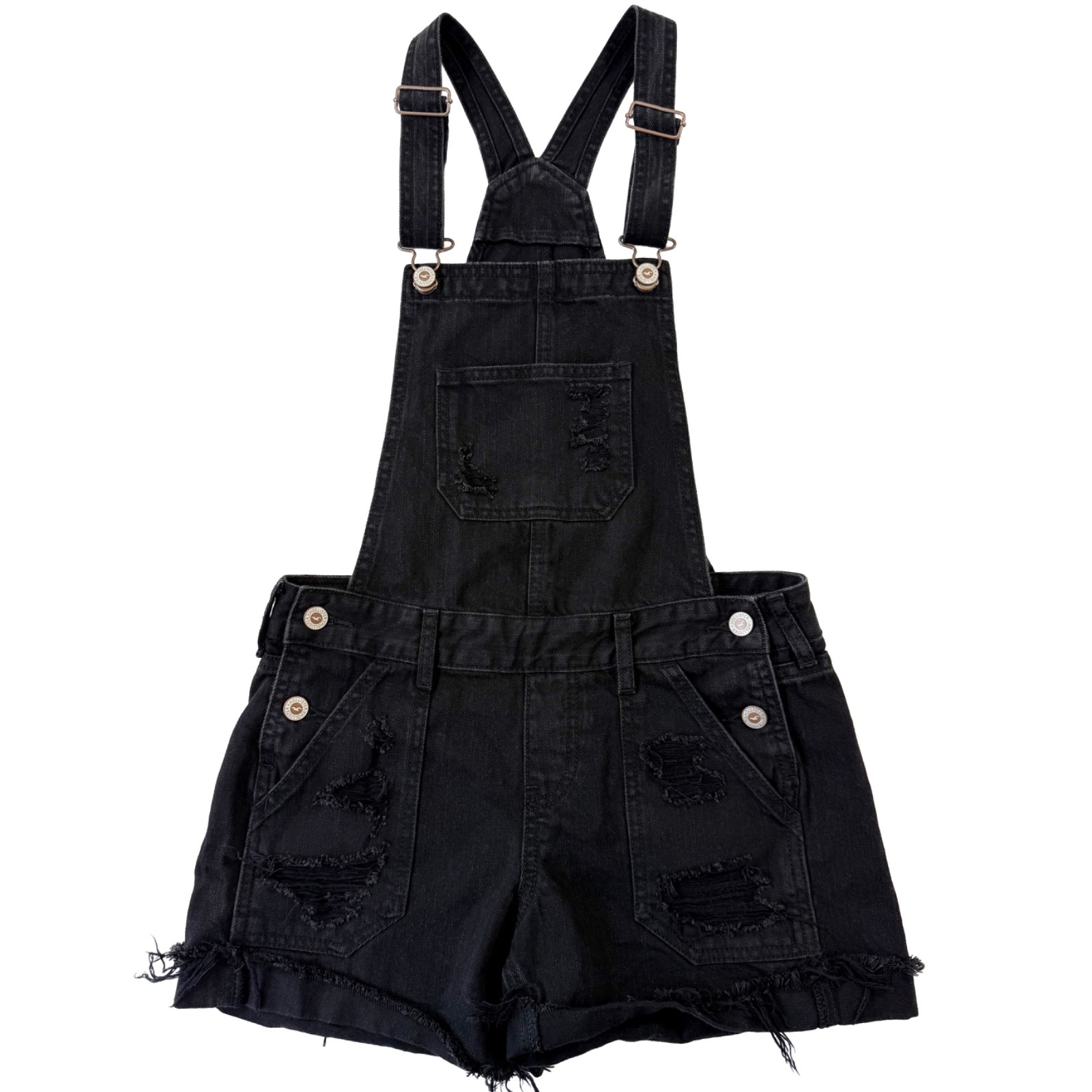 Hollister Women’s XS Low Rise Shortalls Black Distressed Denim Bib Overalls EUC