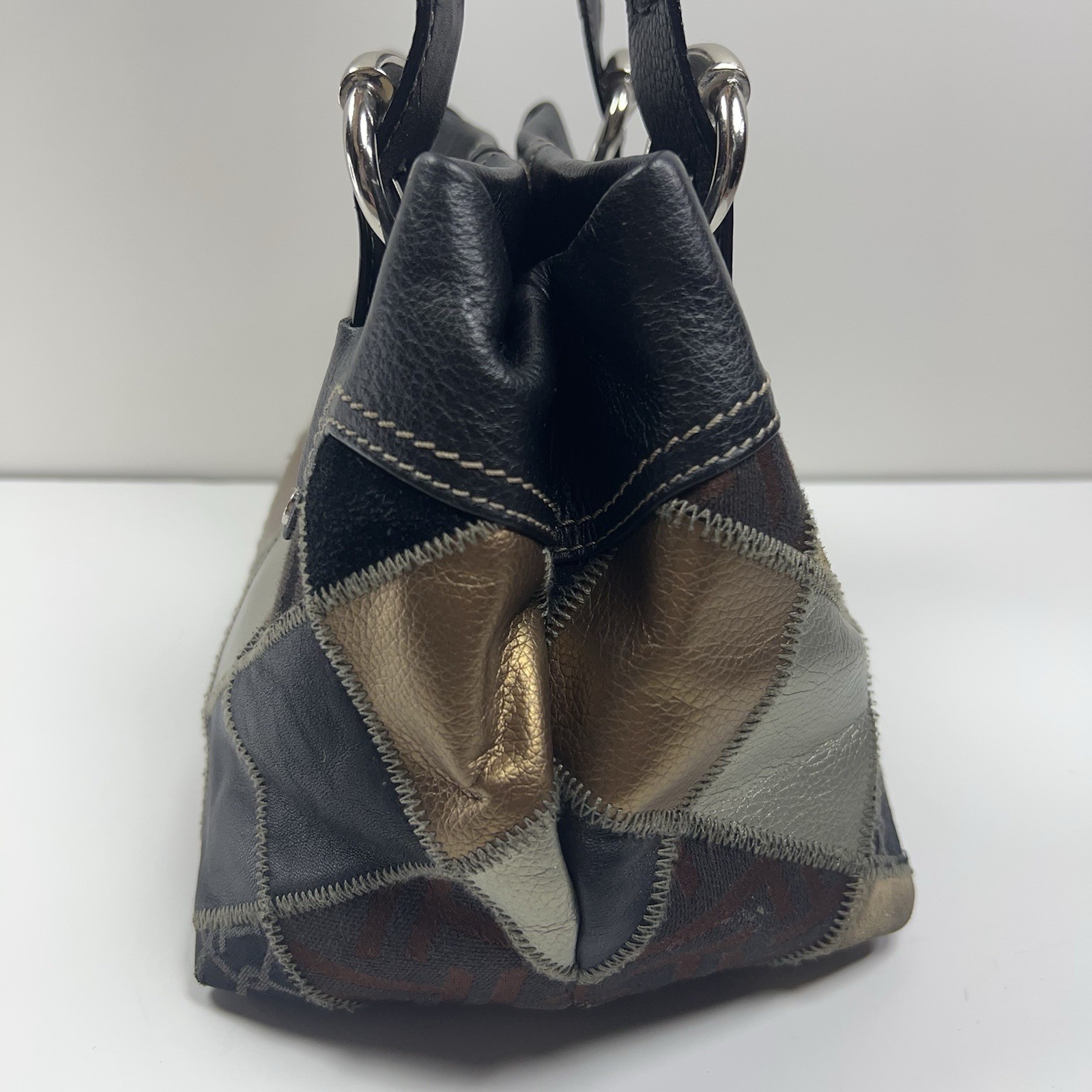 TIGNANELLO Leather Suede Patchwork Shoulder Bag Metallic Silver Buckle Boho Chic