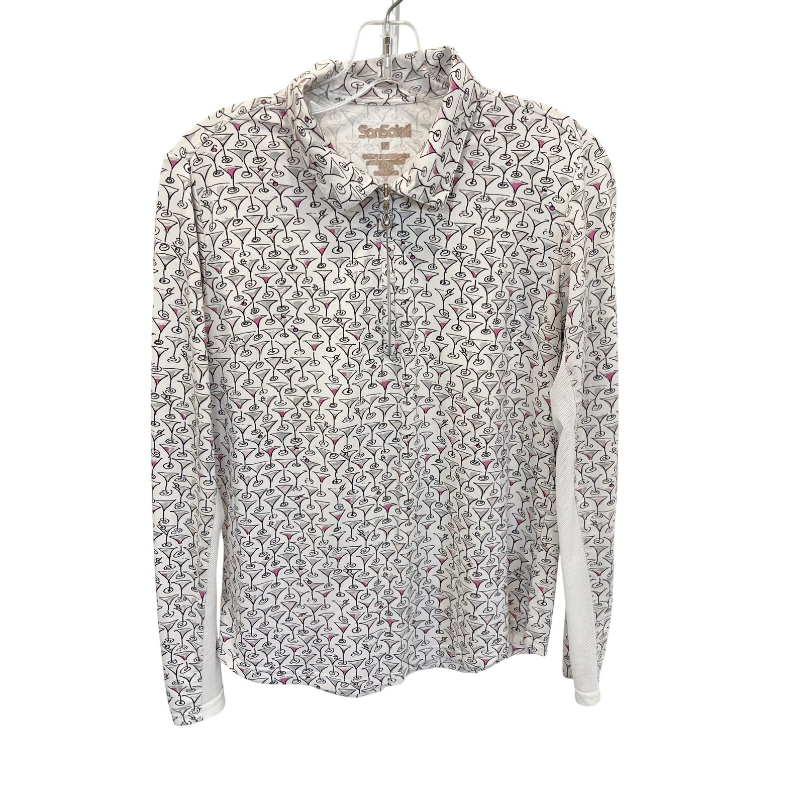 SanSoleil White Martini Print Quarter Zip Ventilated Mesh Shirt Womens Medium