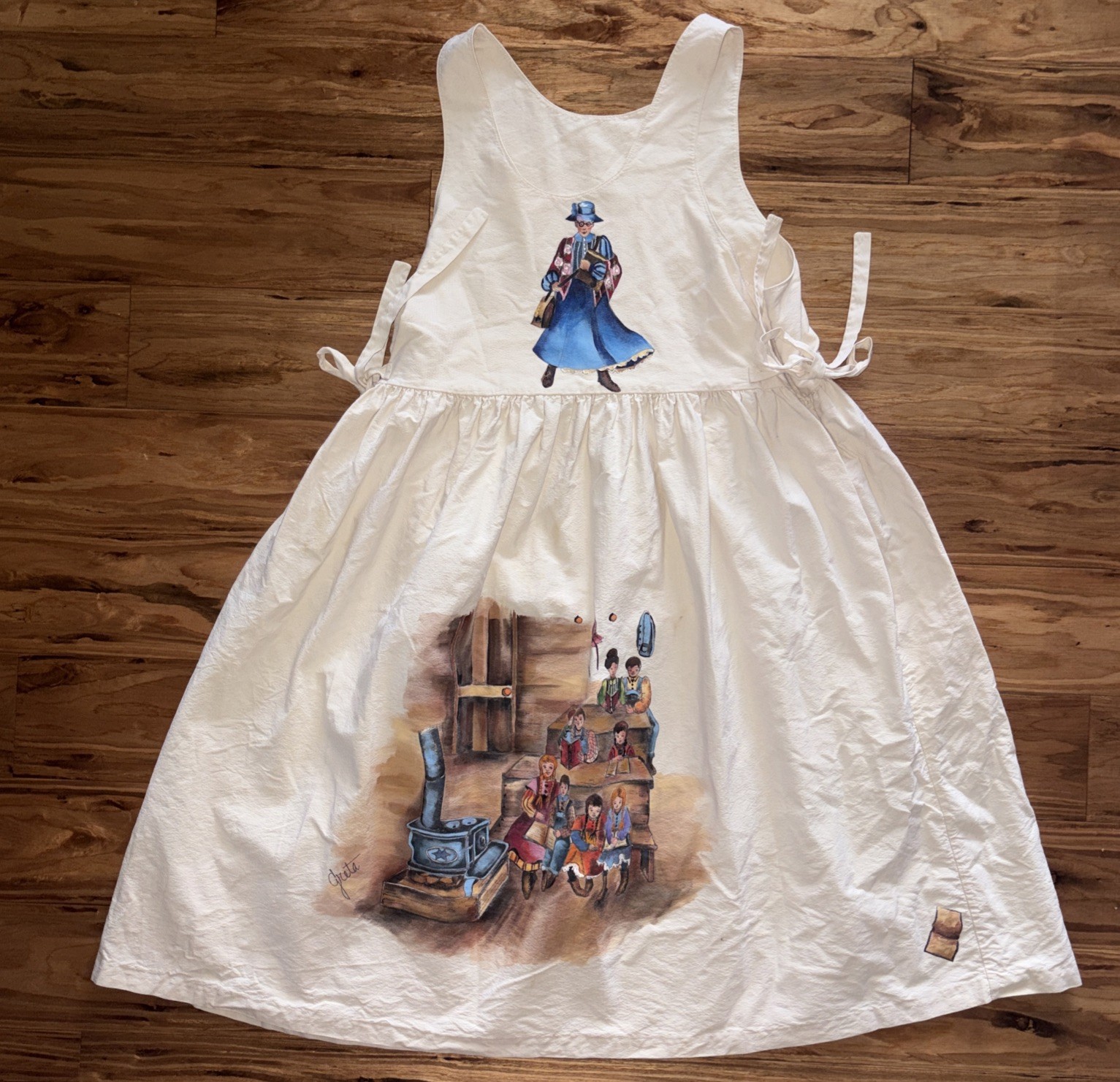 Hand Painted flour sack primitive prairie sleeveless dress school room Greta
