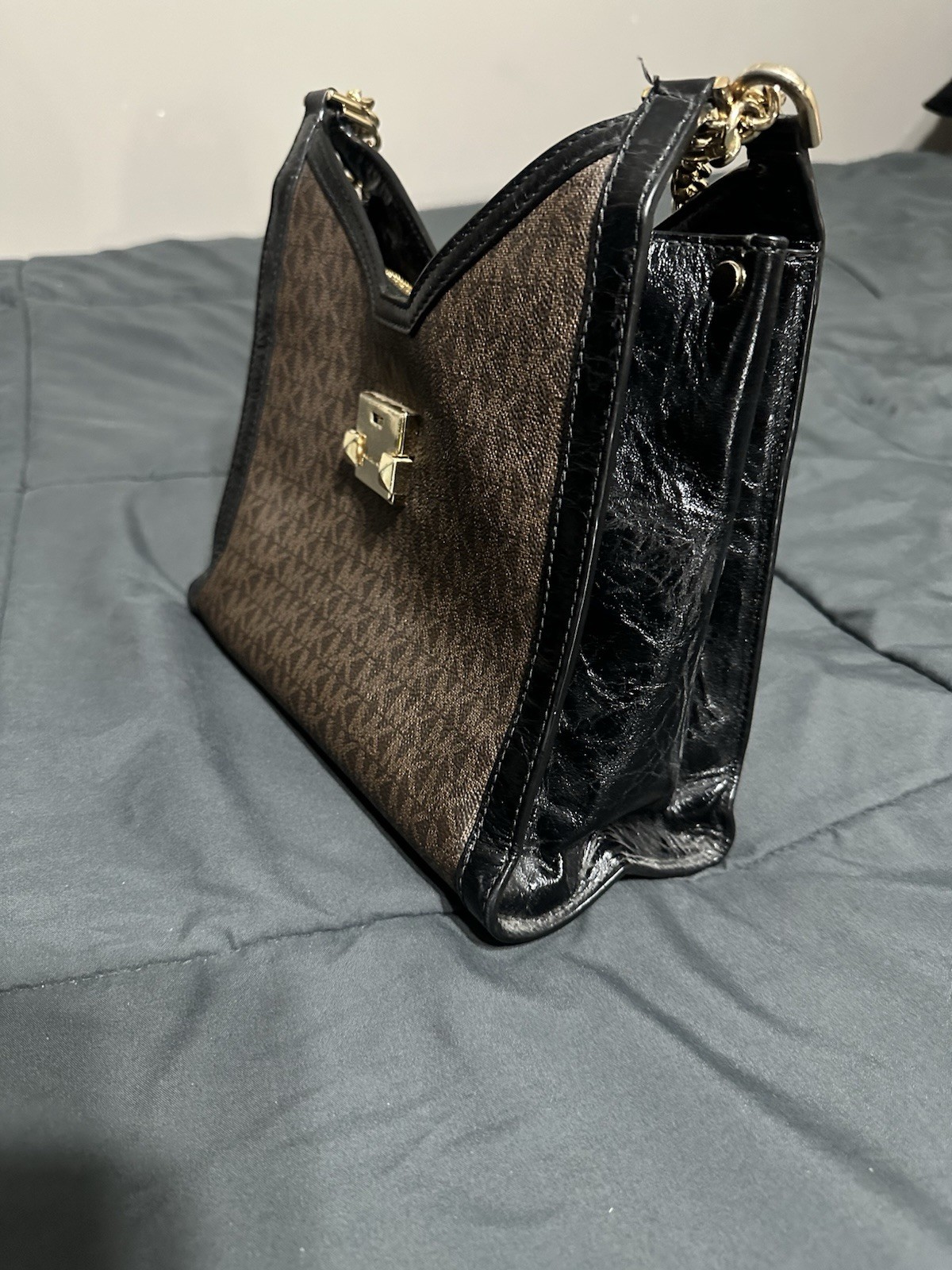 Michael Kors Whitney chain polished Leather shoulder bag Brown gold tote