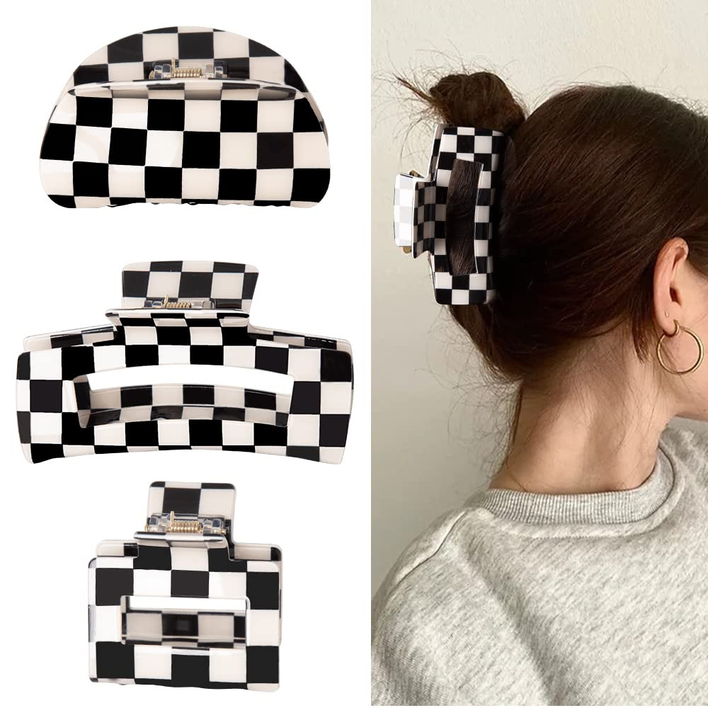 Vintage Checkered Y2K Hair Barrettes, Aesthetic 3Pcs Claw Clips for Women and Gi