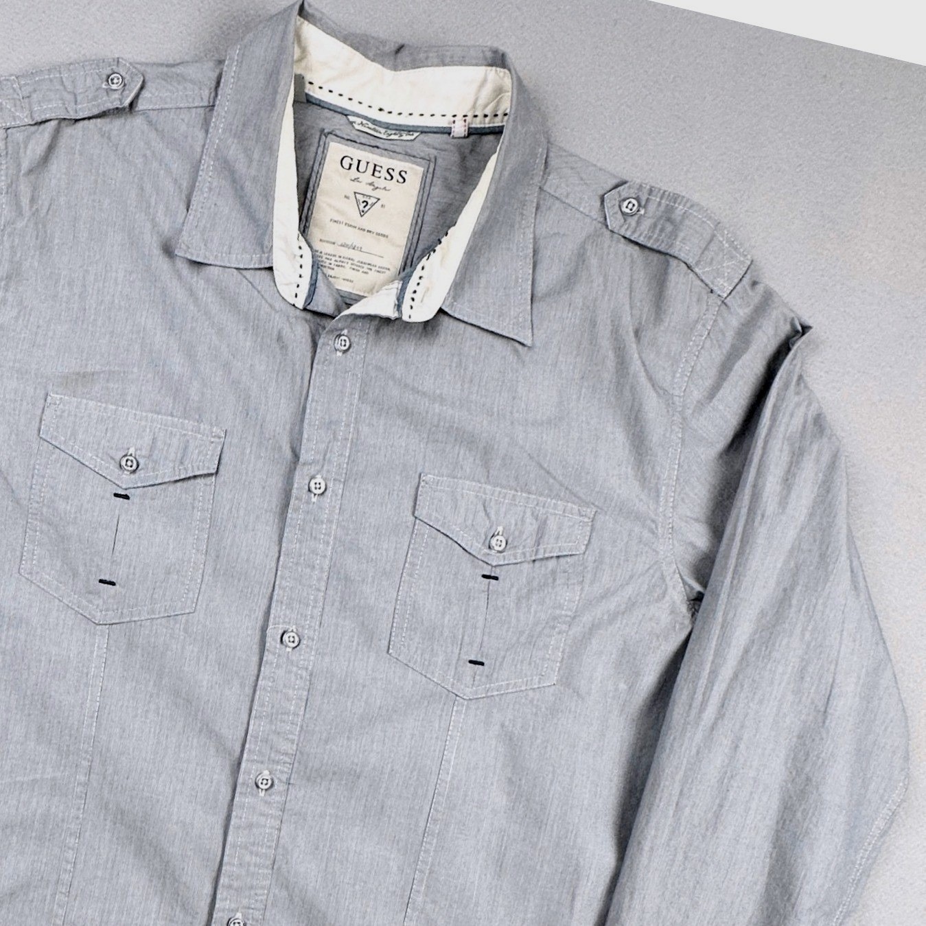 Guess Los Angeles Mens XXL Grey Pinstripe Military Button Down Shirt Epaulettes