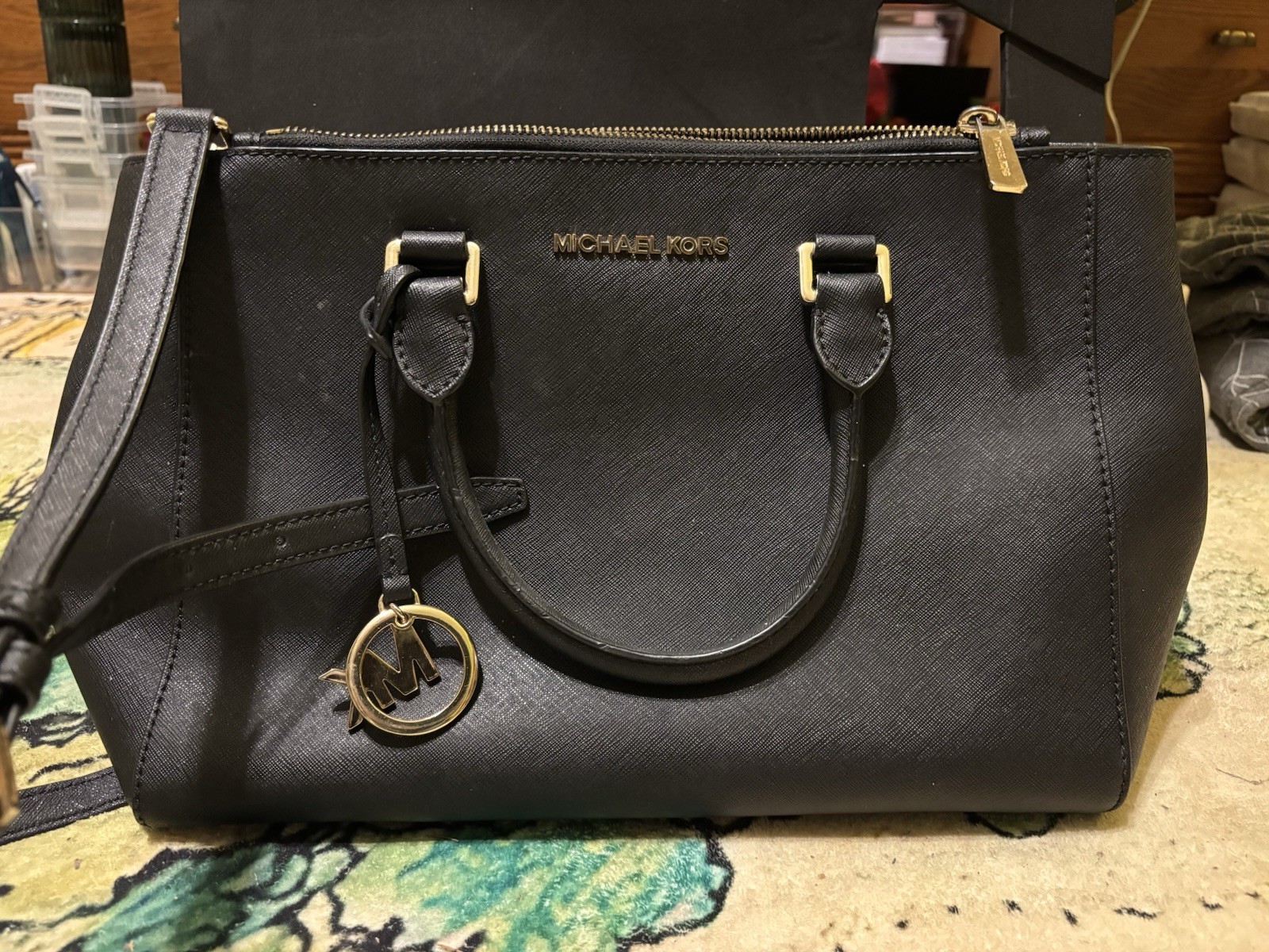 Michael Kors Large Savannah Saffiano Leather Satchel Bag Black & Gold