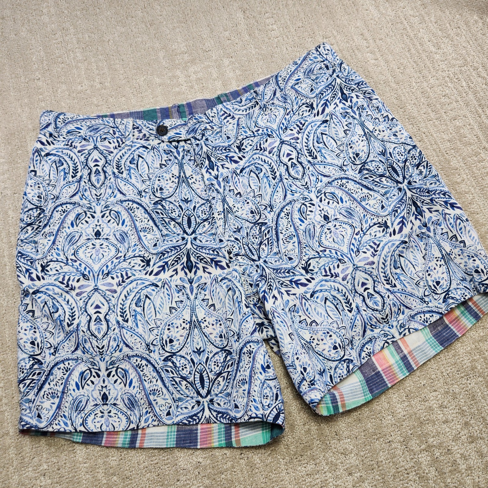 Tommy Bahama Shorts Men 40 Linen Paisley Plaid Reversible Chino Luxury Beach