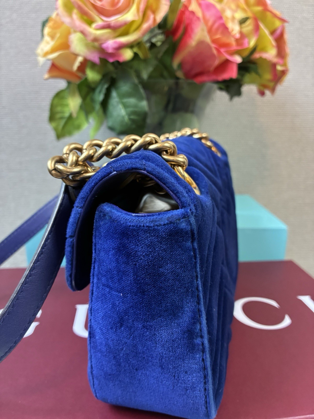 Gucci Marmont Blue Velvet Quilted Shoulder Bag – Excellent Pre Loved Condition