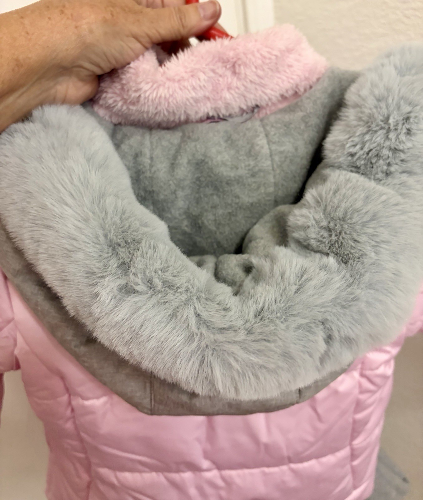 Gerry Girls Pink Gray Hooded Puffer Jacket Faux Fur Trim Full Zip Pockets Sz 5