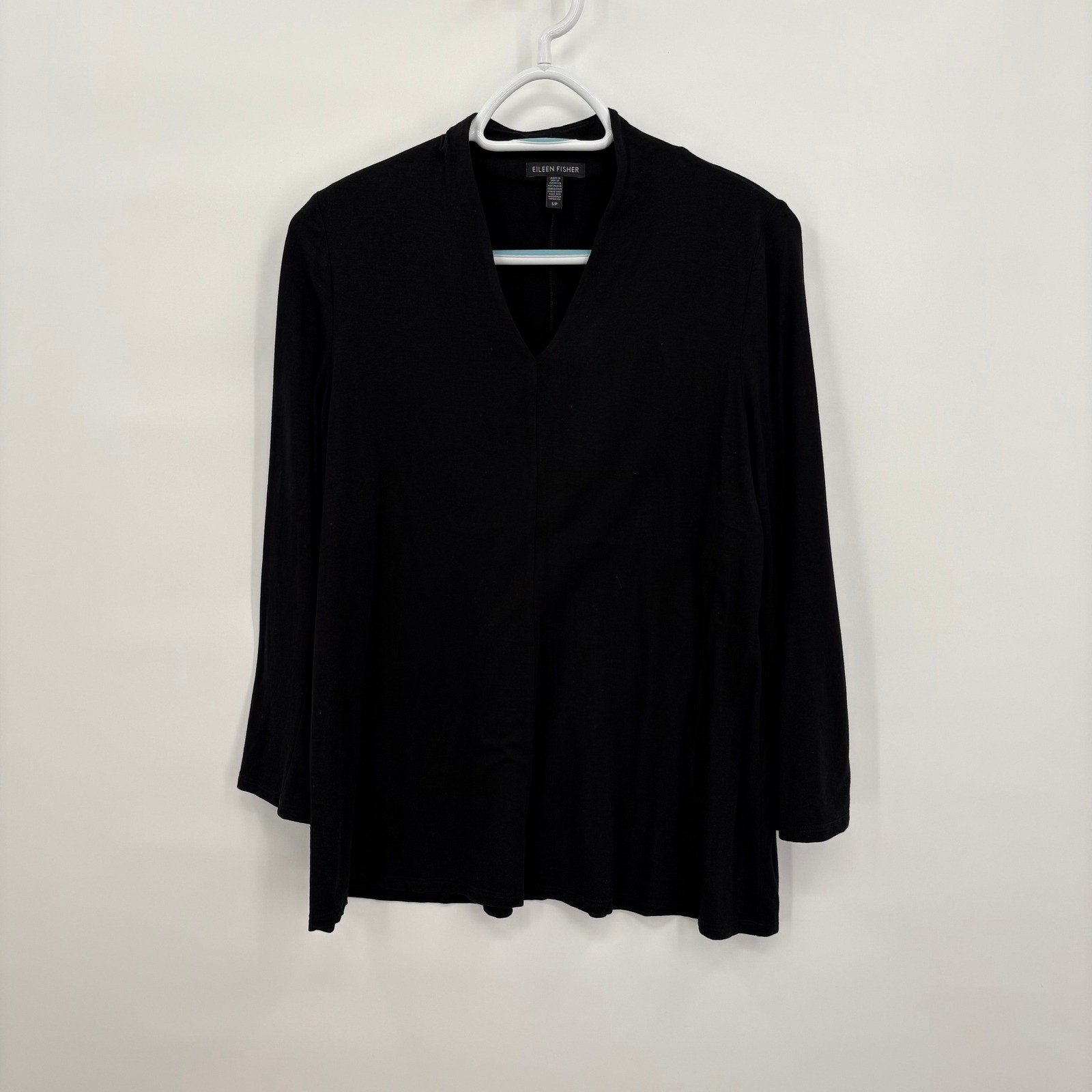 Eileen Fisher Black Tencel Lyocell Stretch Notched V-Neck Tunic Top Small S/P