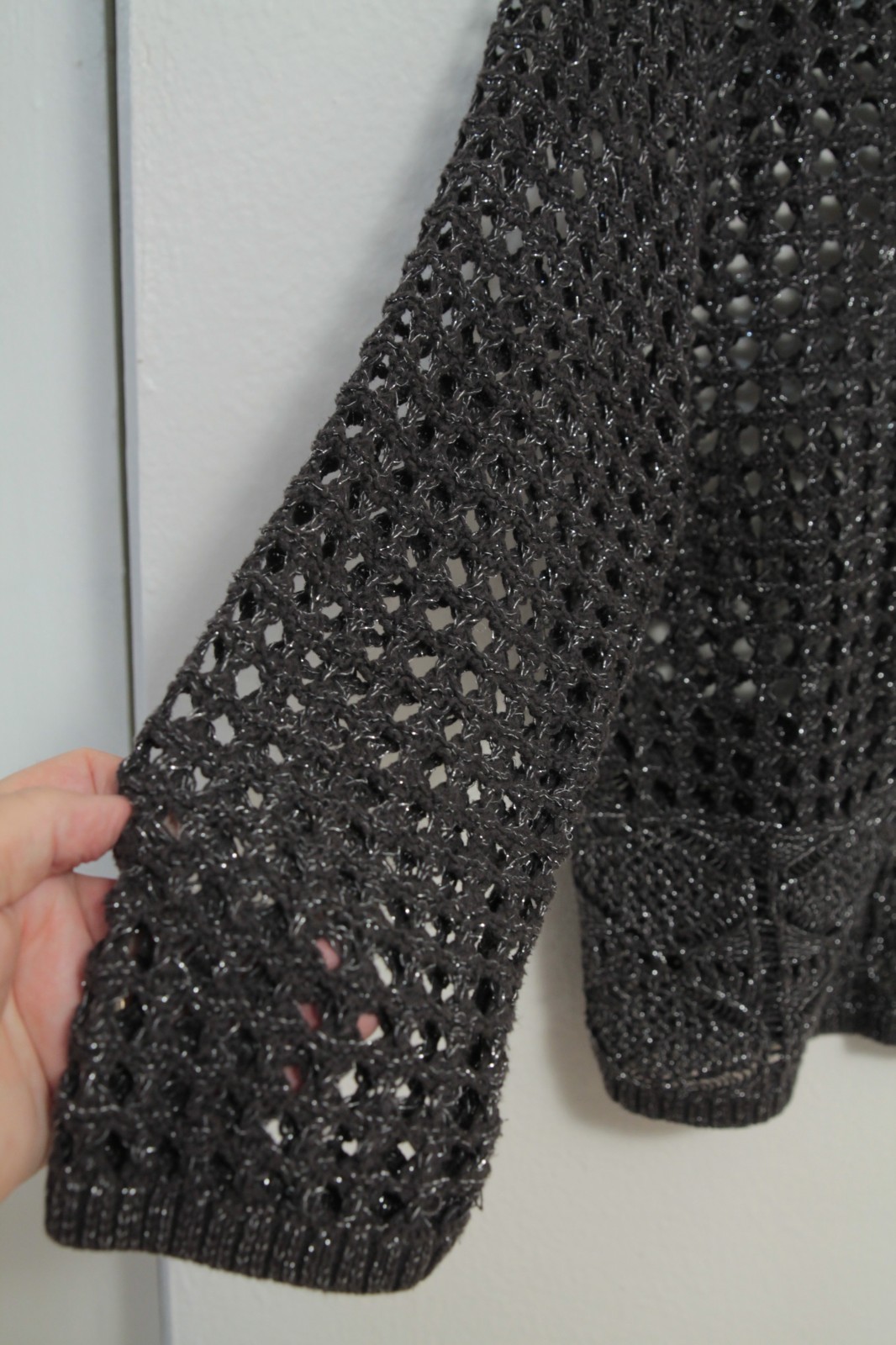 Jeanne Pierre Crochet Open Knit Sweater Women’s Metalized Silver/Grey Yarn Large