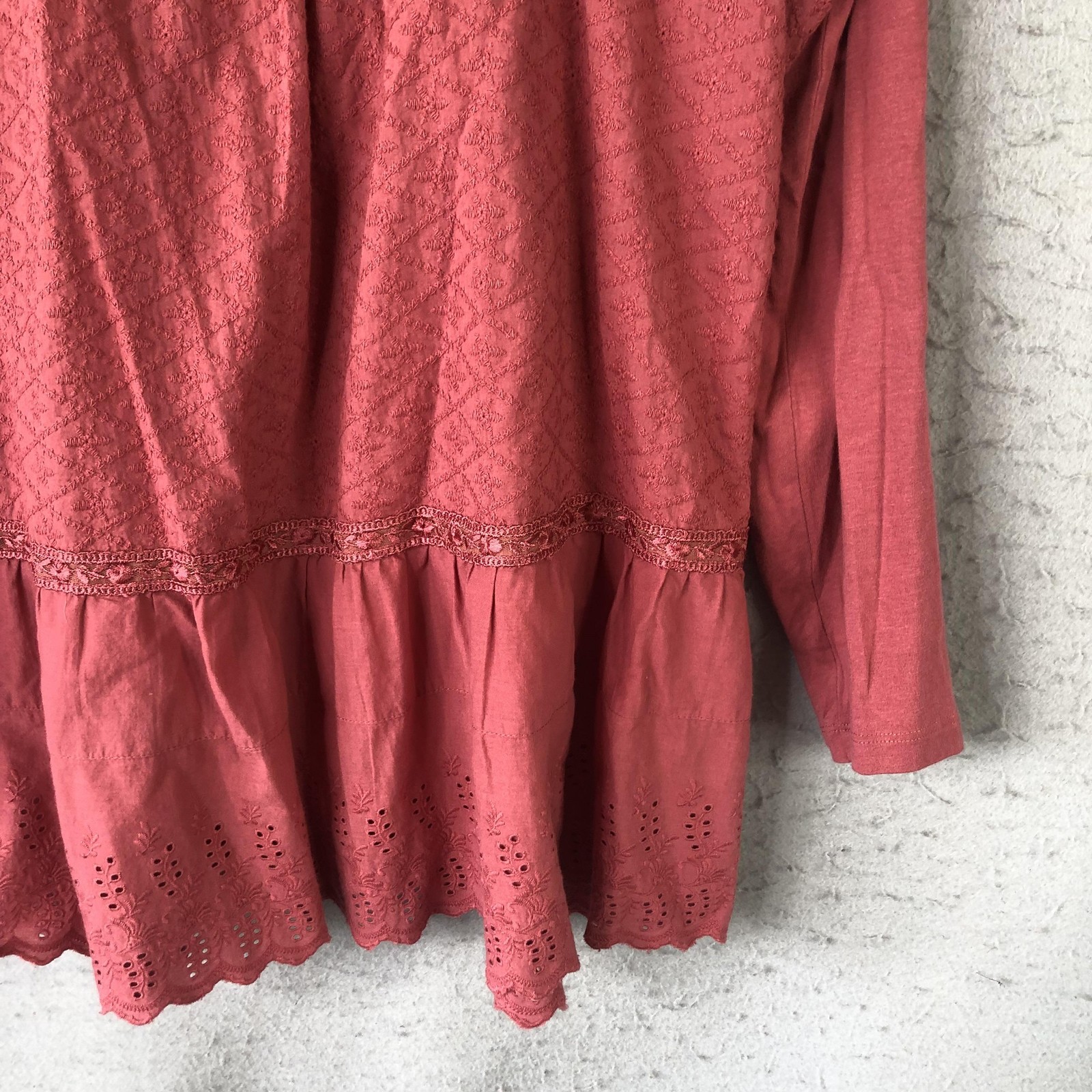 LOGO Lavish Top Womens M Pink Embroidered Feminine Boho Eyelet Peplum Festival