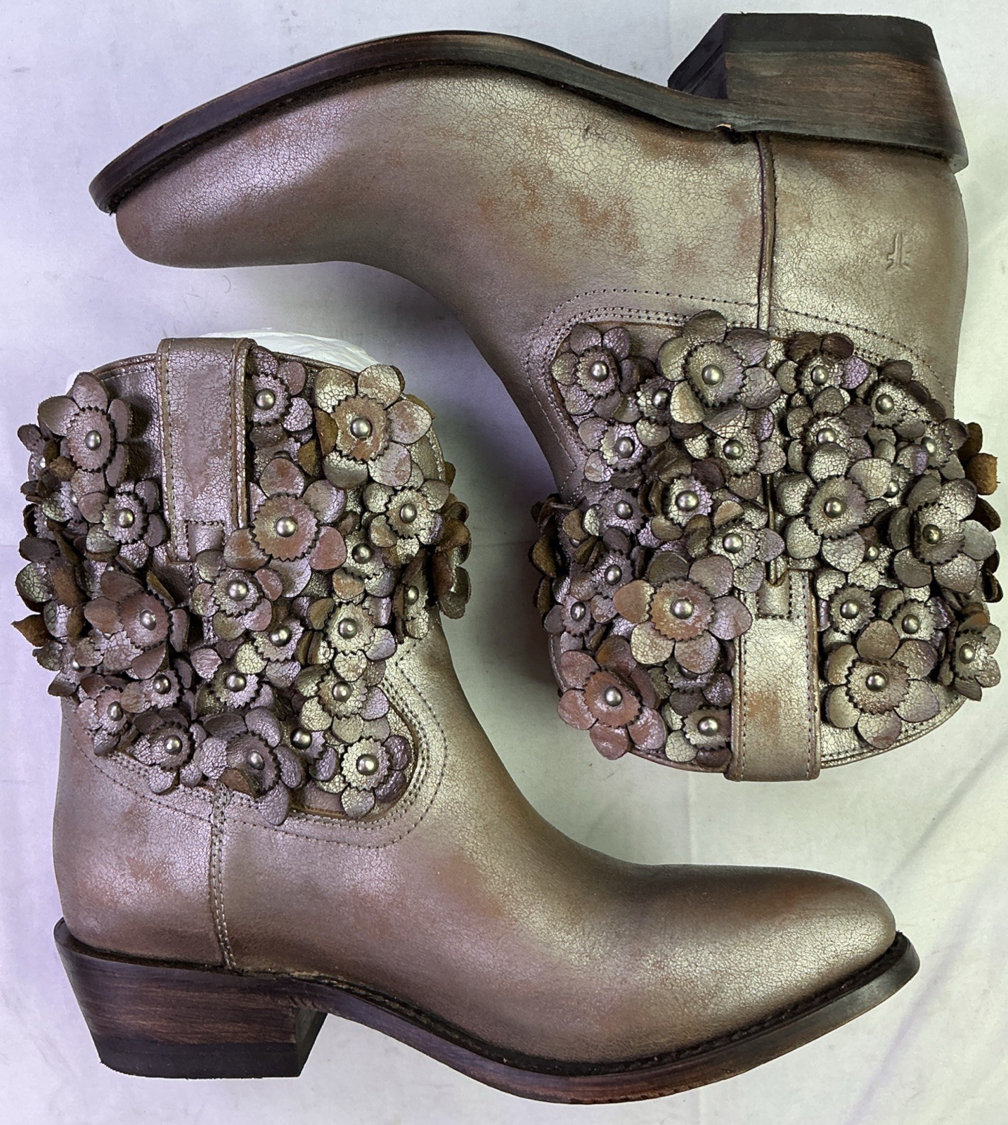 Frye Women’s Billy Flower Leather Booties-Metallic Stone/3D Flowers-Size: 8.5 B