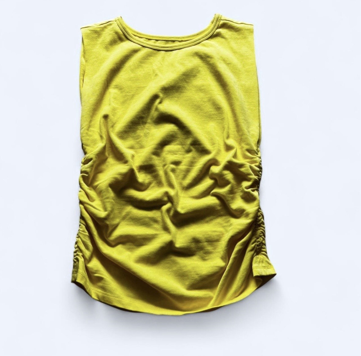 LOFT Women’s S Yellow Solid Ruched Sleeveless Round Neck Knit Cotton Tank