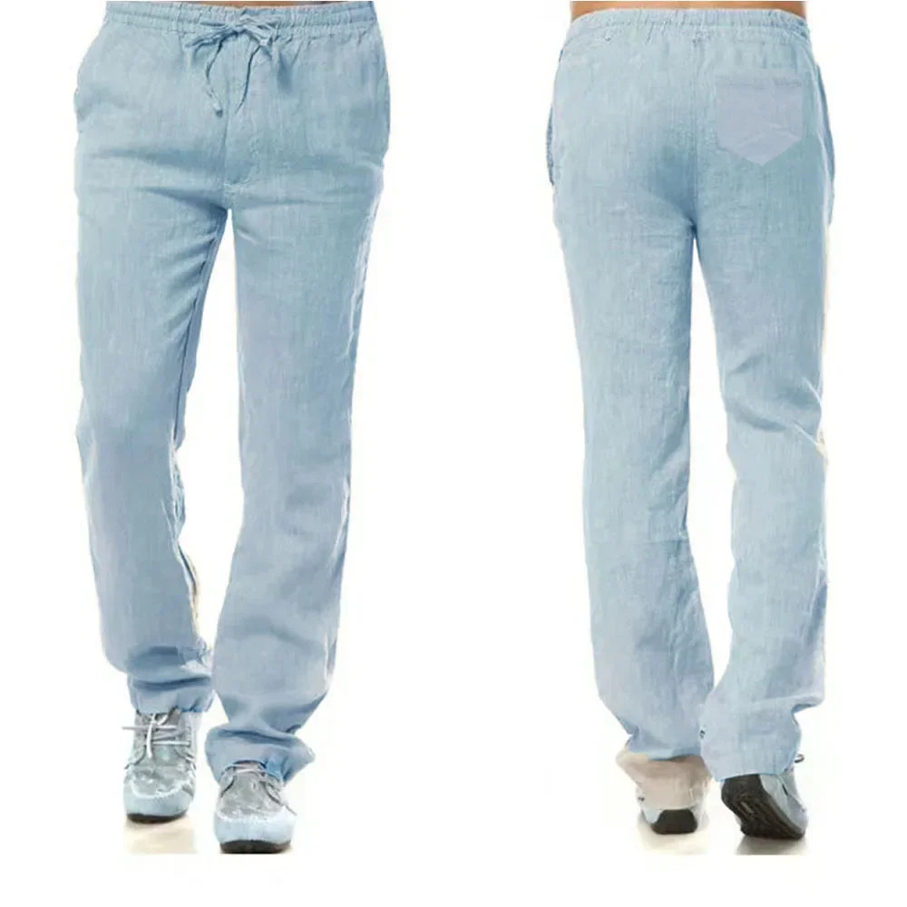 Men’s Cotton Linen Trousers Breathable Casual Elastic Waist Running Pants Gift
