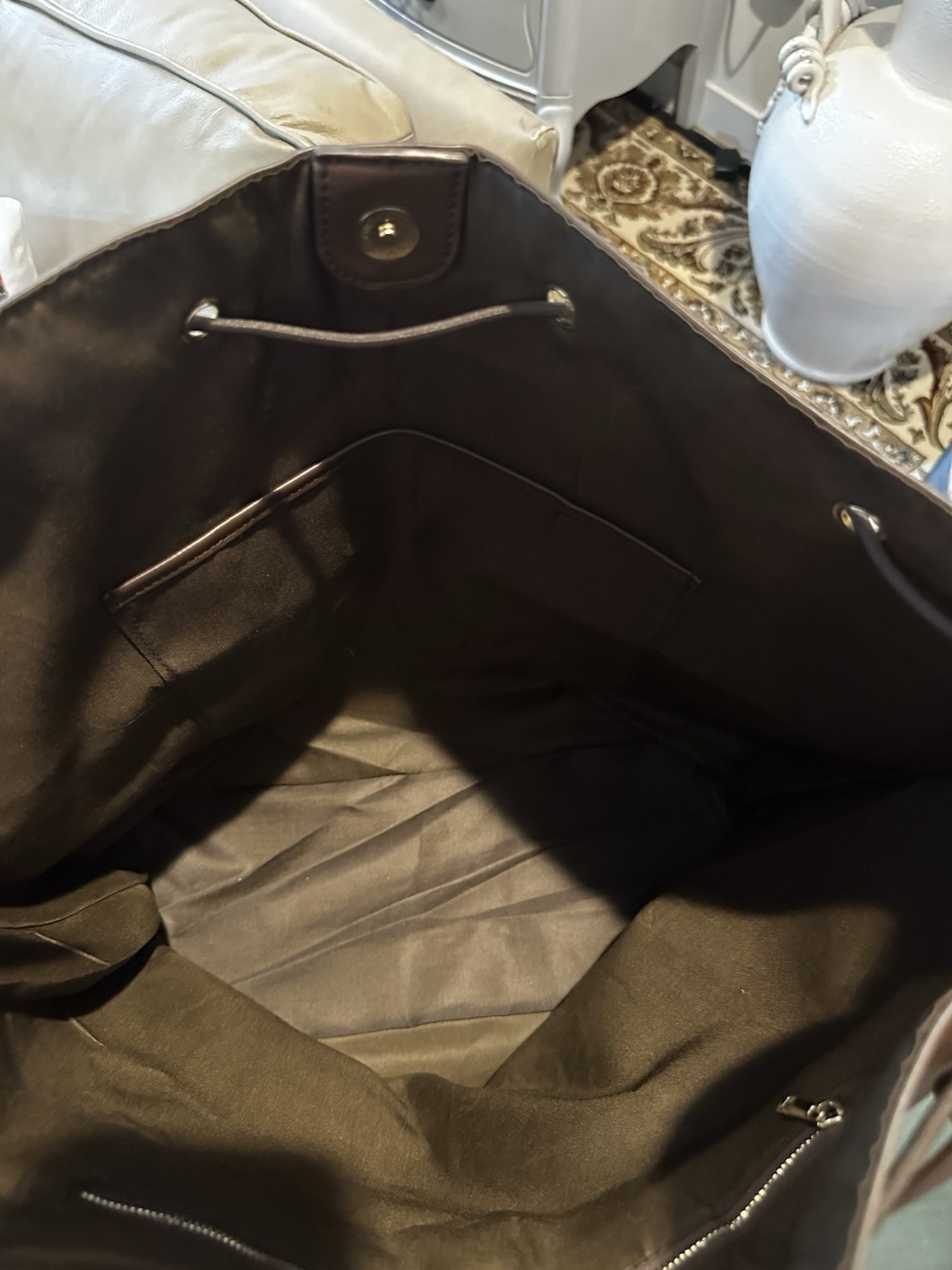 Inside Out Women Brown Bucket Drawstring Bag | Detachable Strap | Gold | Pockets