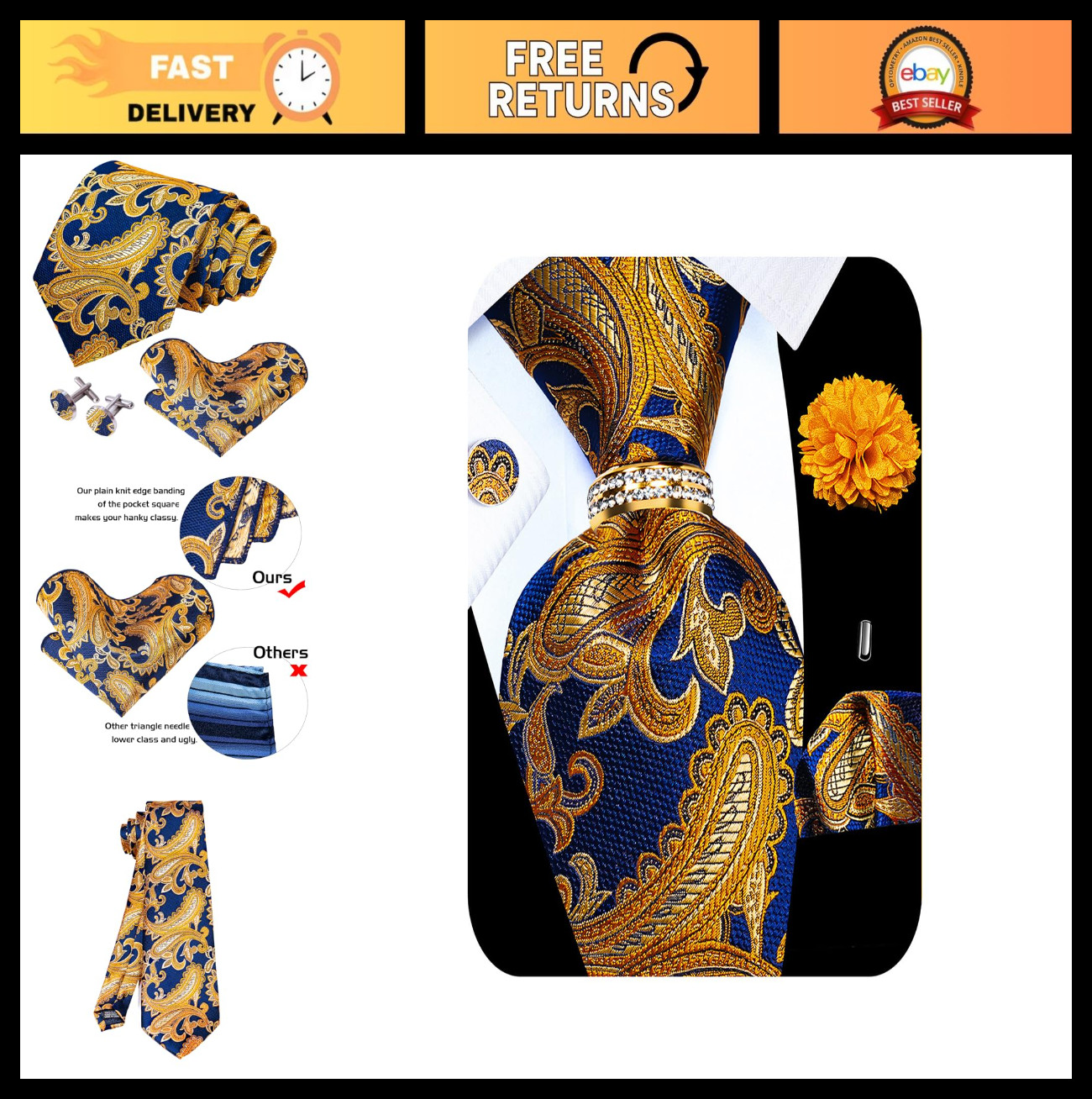 5PCS Men’s Silk Necktie Set with Pocket Square, Cufflinks, Gold Ring & Lapel Pin