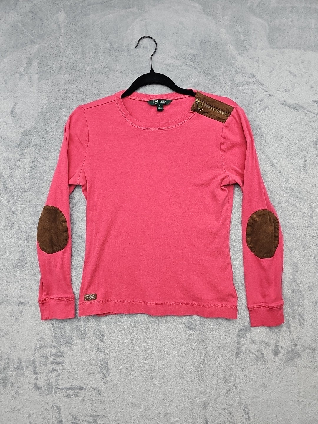 Lauren Ralph Lauren Women’s Size M Pink Long Sleeve Elbow Pads Shirt Top Zipper