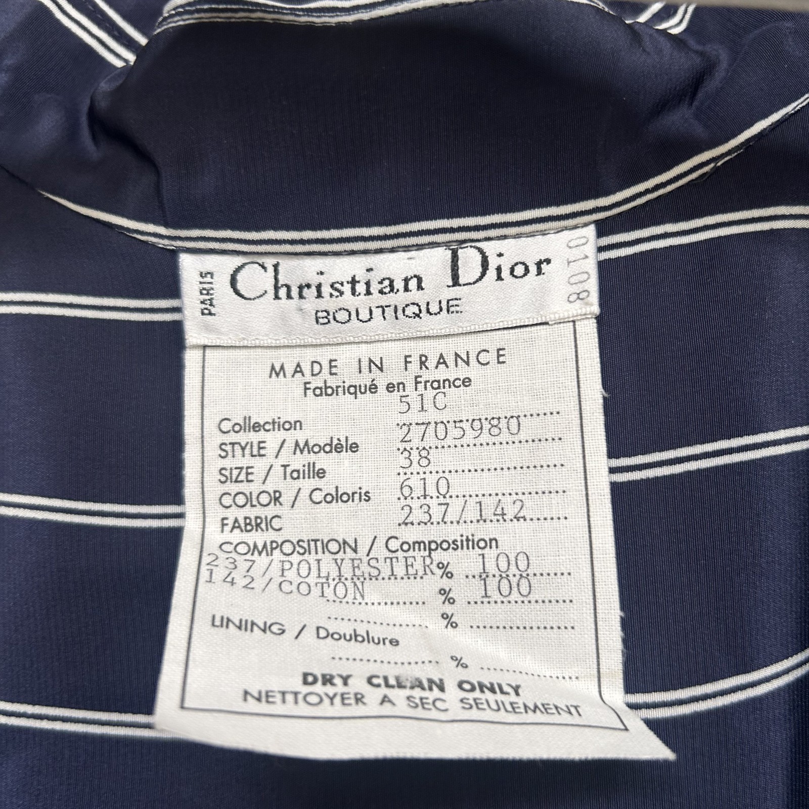 Vintage Christian Dior Boutique 1995 Navy Stripe Shirt Camisole Set FR 38